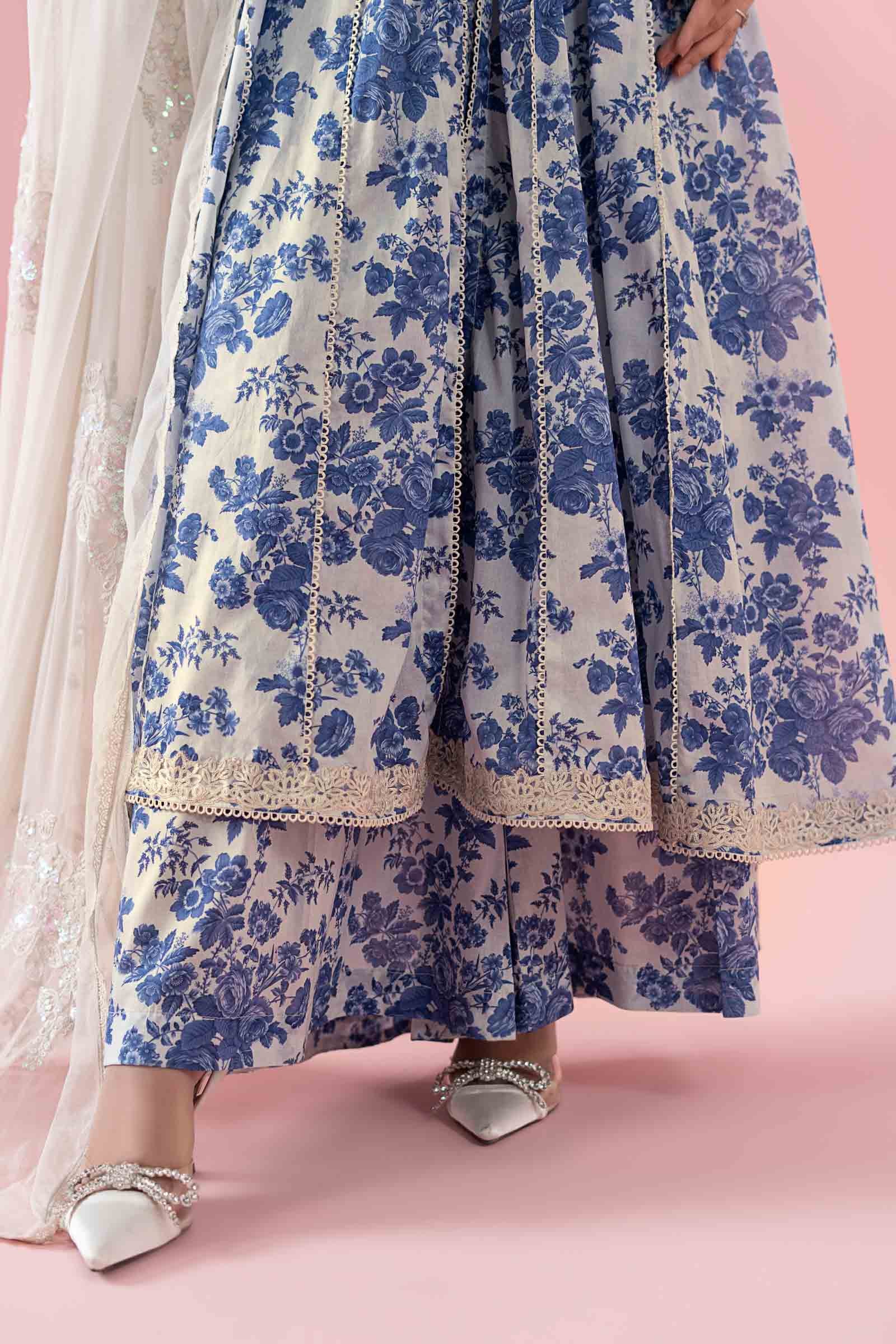 Off-White & Blue Embroidered Lawn Frock (3-Piece) - Image 11