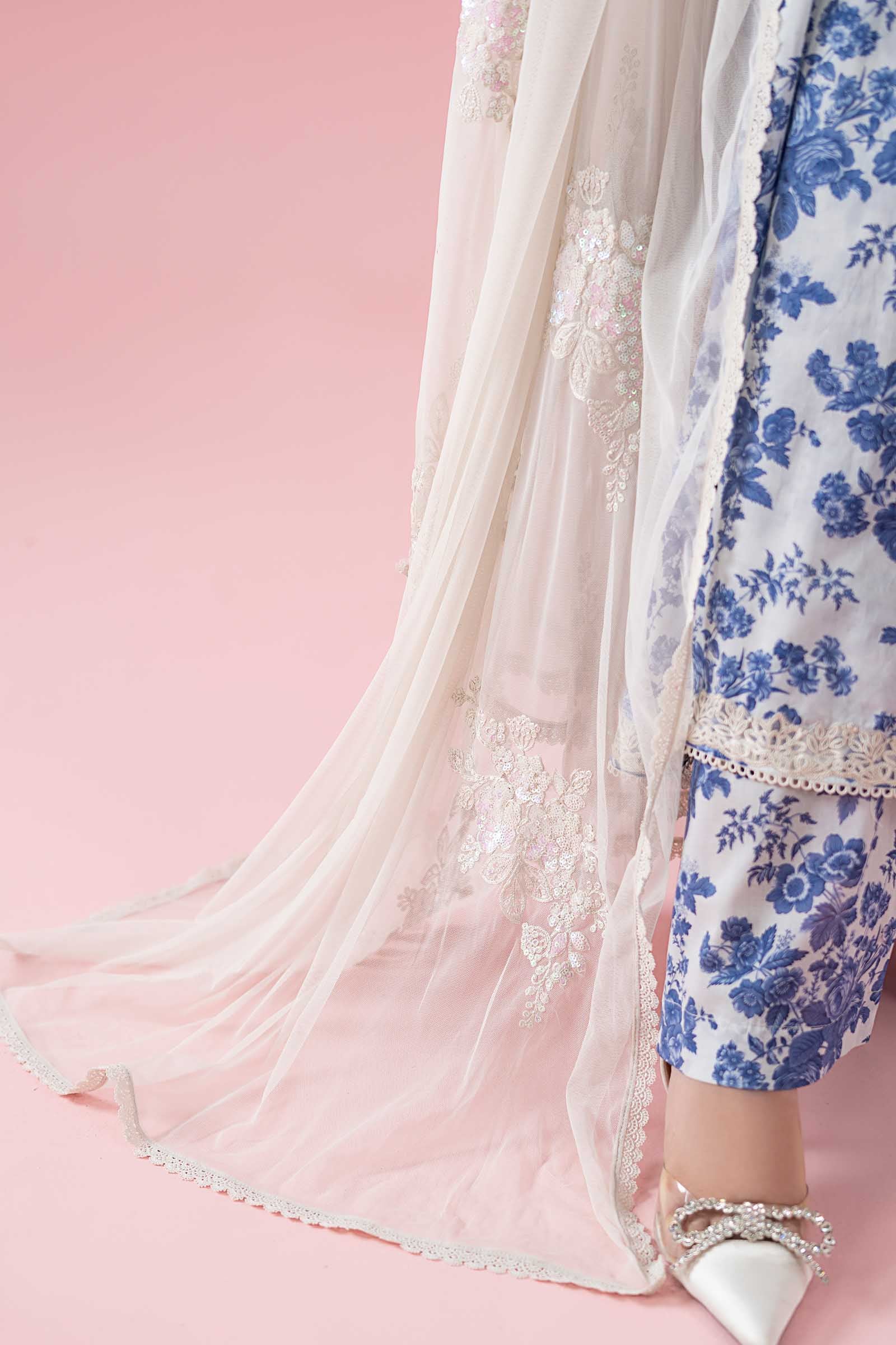Off-White & Blue Embroidered Lawn Frock (3-Piece) - Image 12