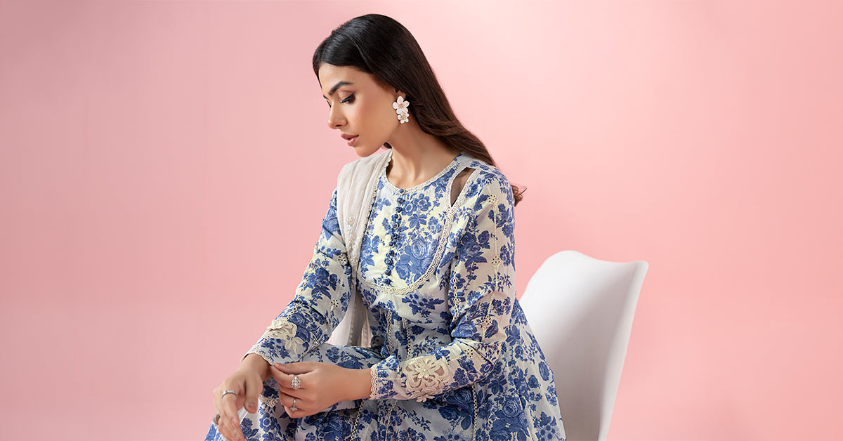 Off-White & Blue Embroidered Lawn Frock (3-Piece) - Image 13