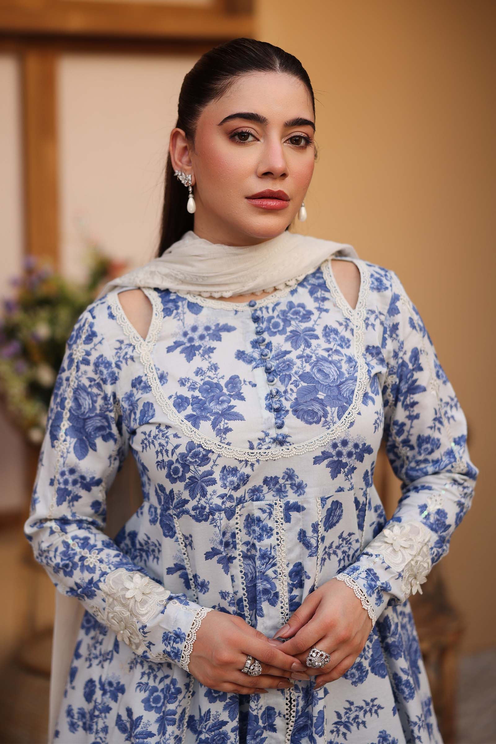 Off-White & Blue Embroidered Lawn Frock (3-Piece) - Image 2