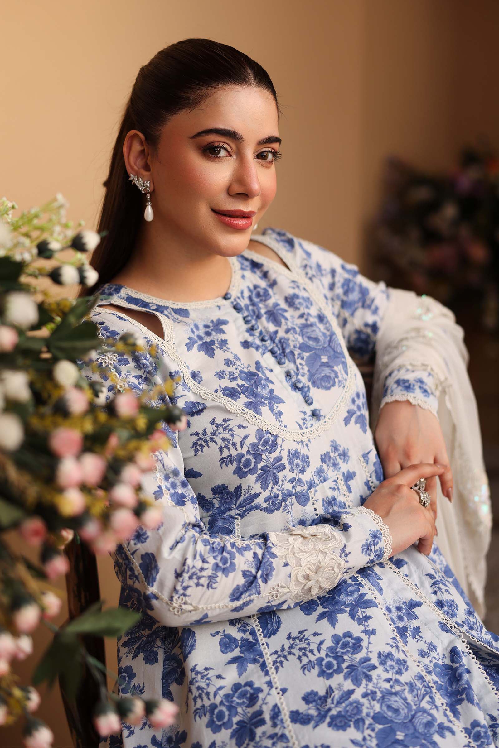 Off-White & Blue Embroidered Lawn Frock (3-Piece) - Image 3