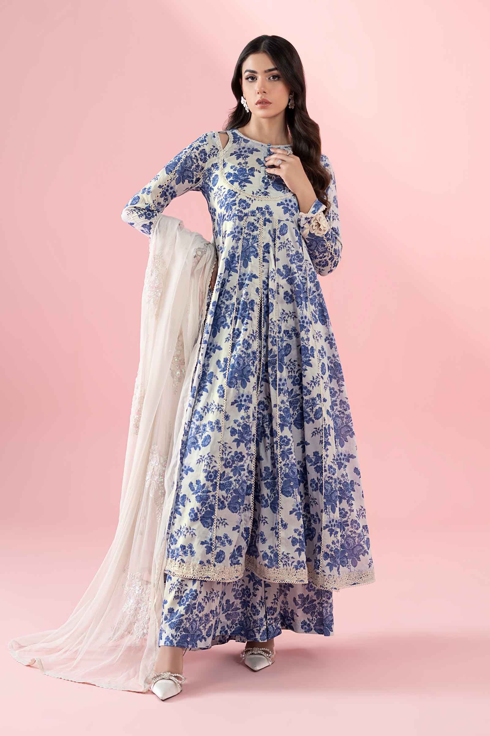 Off-White & Blue Embroidered Lawn Frock (3-Piece) - Image 4