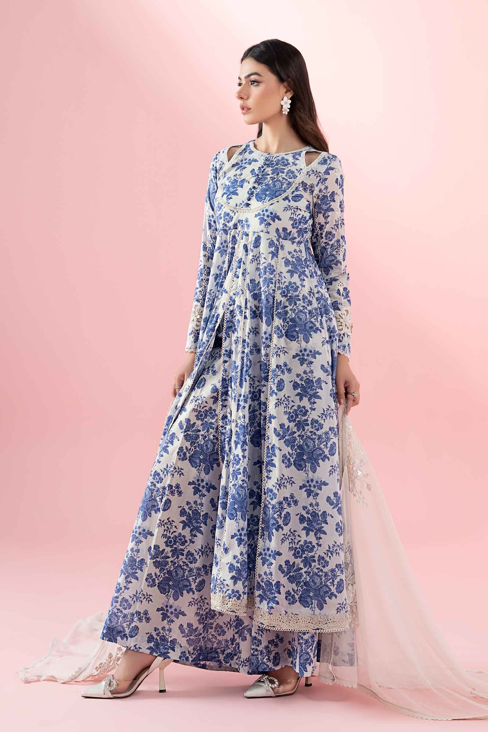 Off-White & Blue Embroidered Lawn Frock (3-Piece) - Image 5