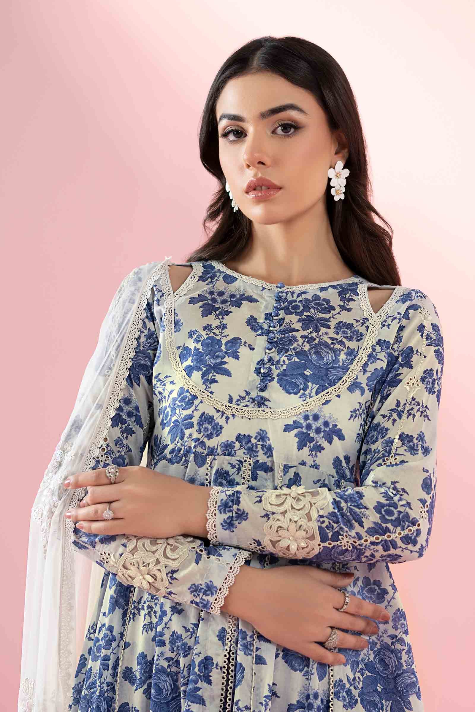 Off-White & Blue Embroidered Lawn Frock (3-Piece) - Image 6