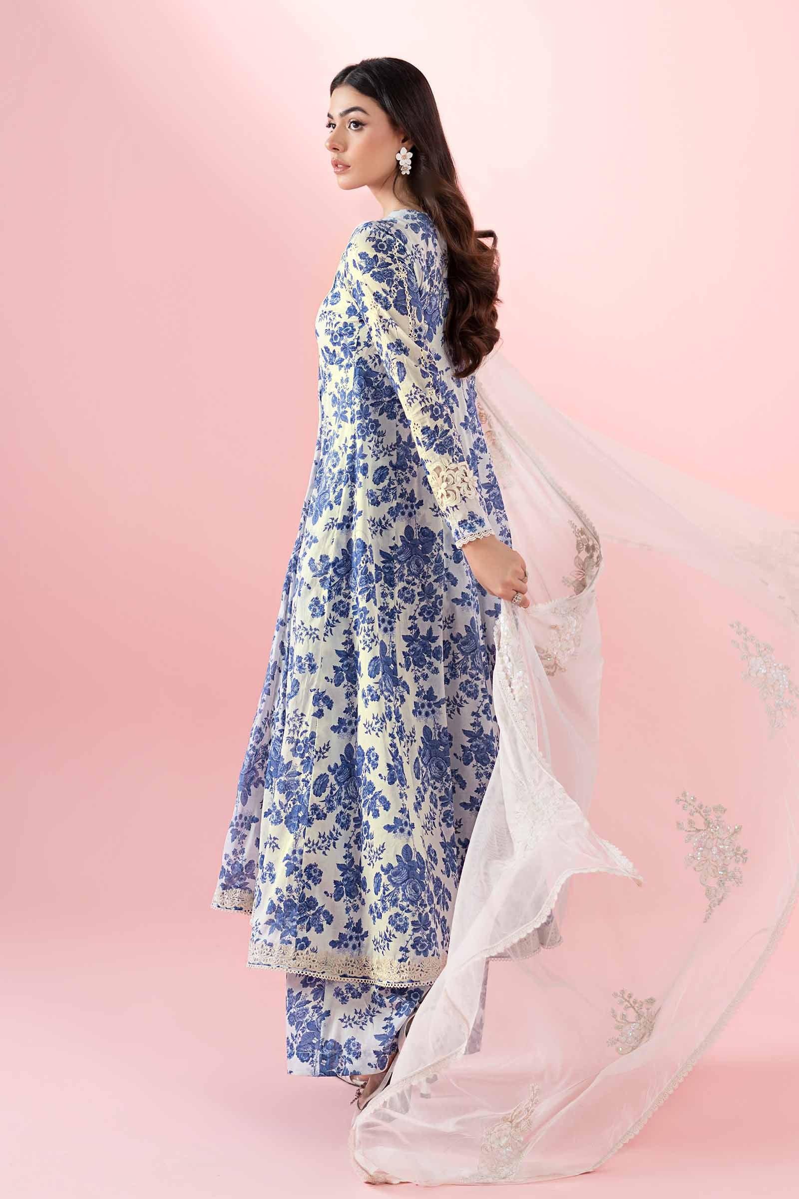 Off-White & Blue Embroidered Lawn Frock (3-Piece) - Image 7