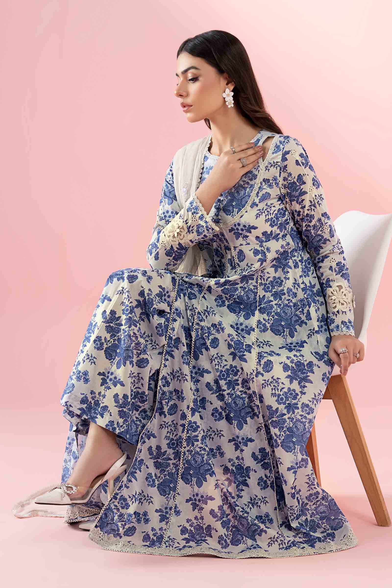 Off-White & Blue Embroidered Lawn Frock (3-Piece) - Image 8