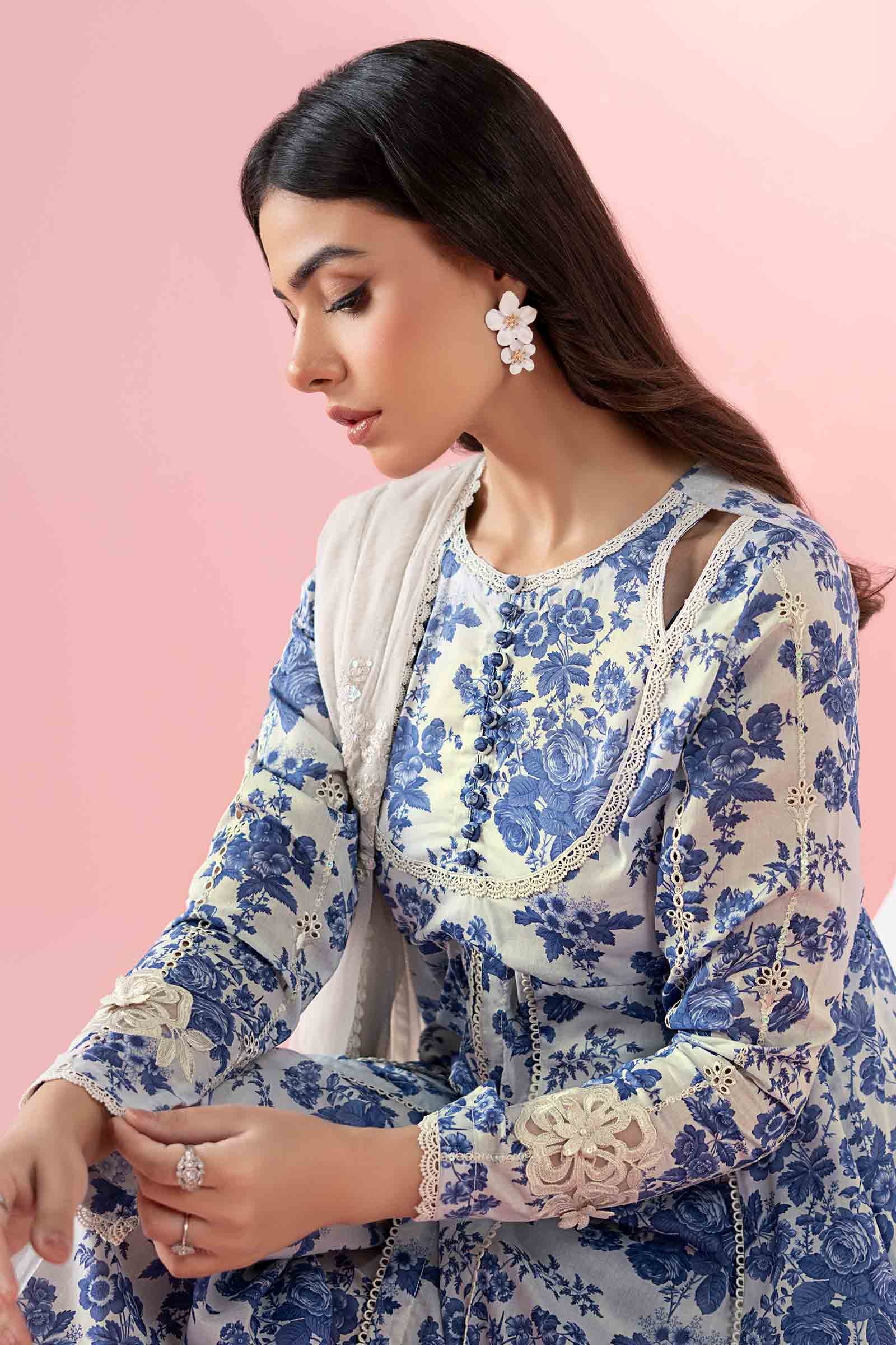 Off-White & Blue Embroidered Lawn Frock (3-Piece) - Image 9