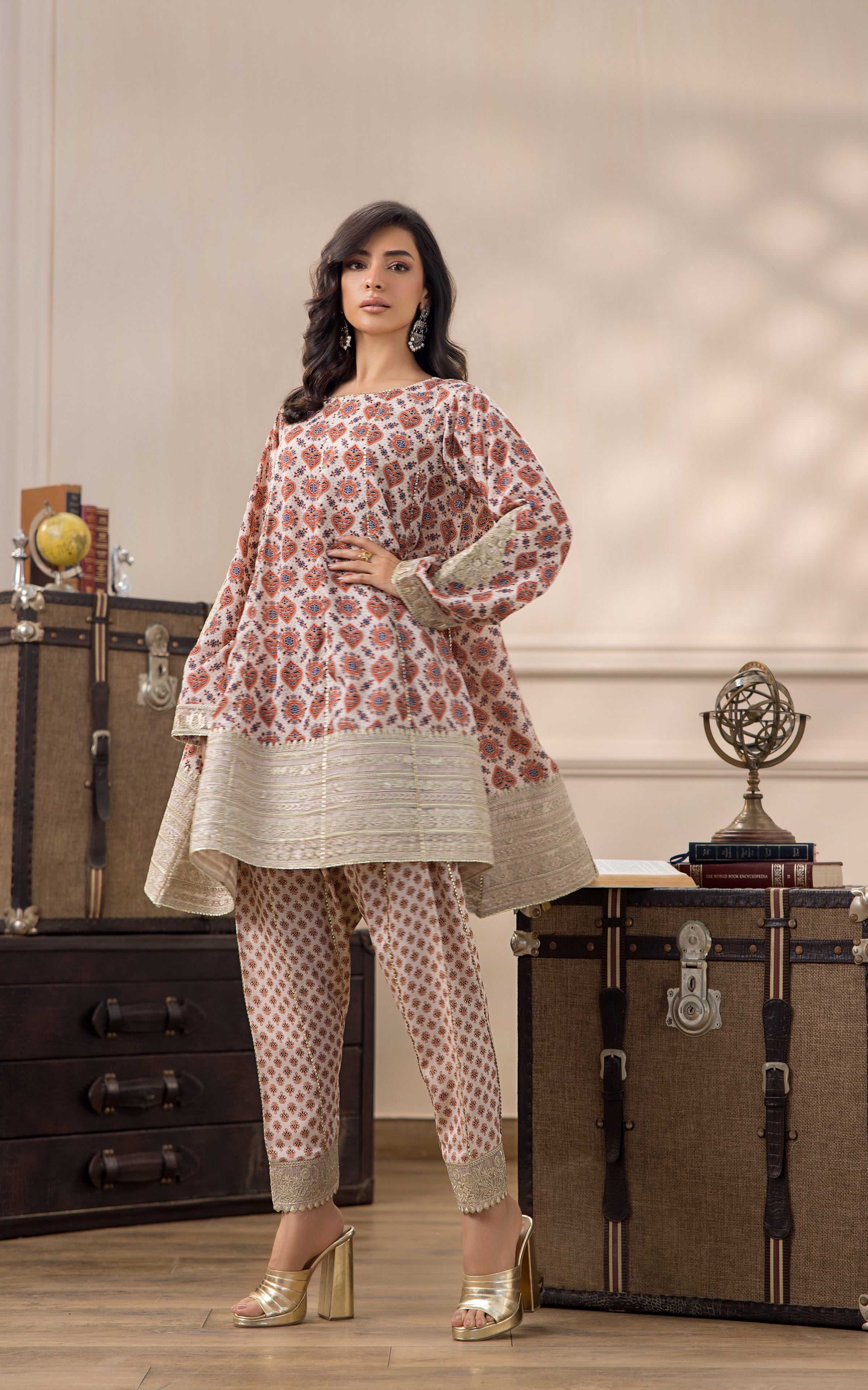 Ivory Rust Zari Embroidered Viscose Silk Frock (2-Piece) - Image 1