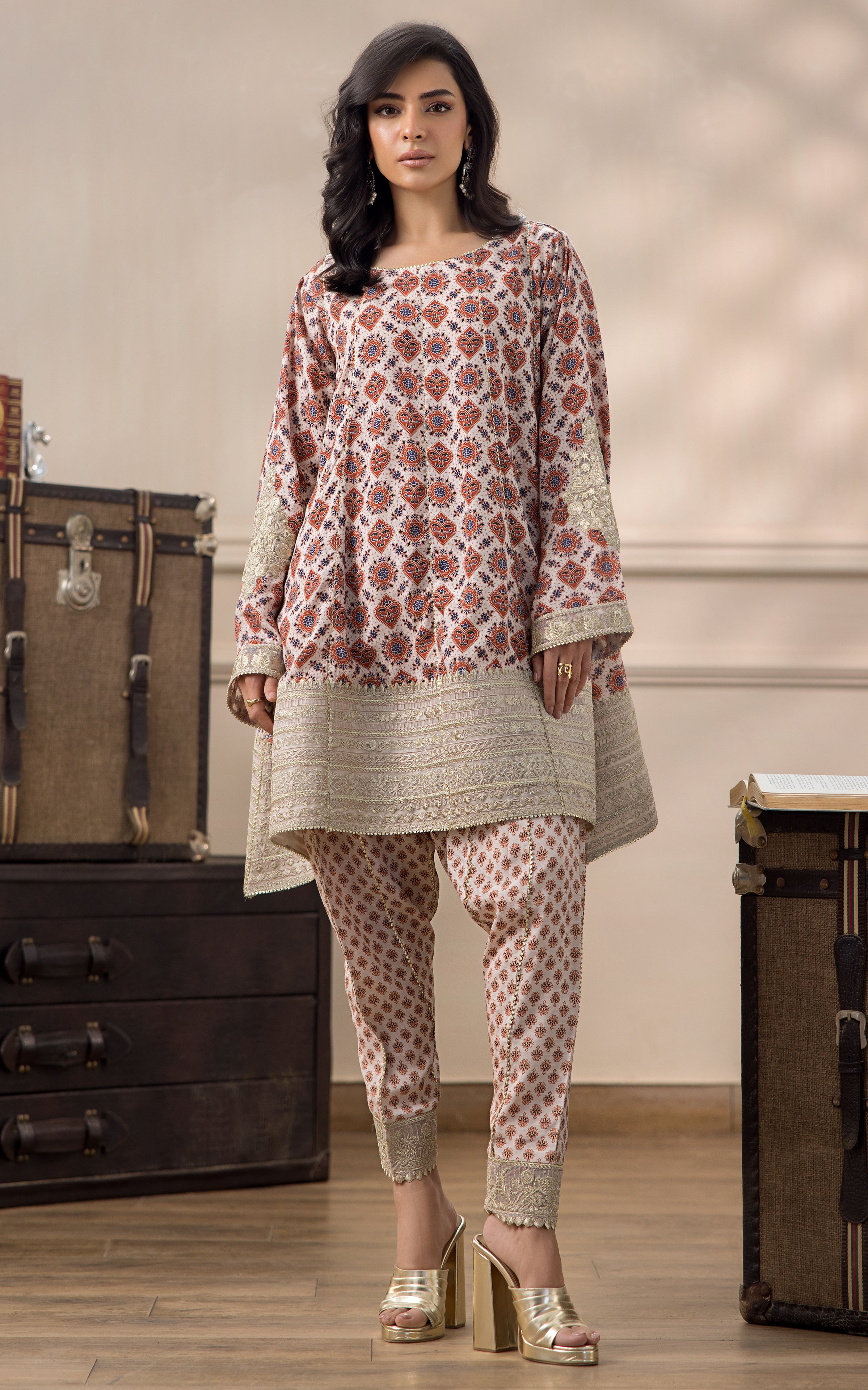 Ivory Rust Zari Embroidered Viscose Silk Frock (2-Piece) - Image 3