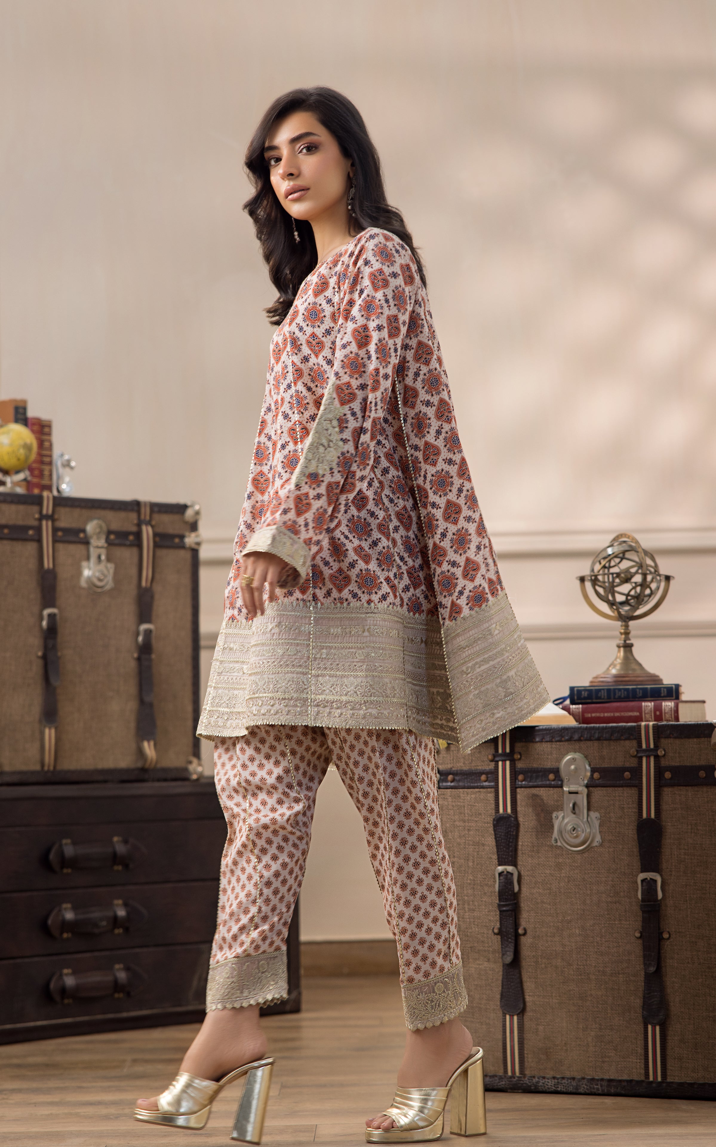 Ivory Rust Zari Embroidered Viscose Silk Frock (2-Piece) - Image 5