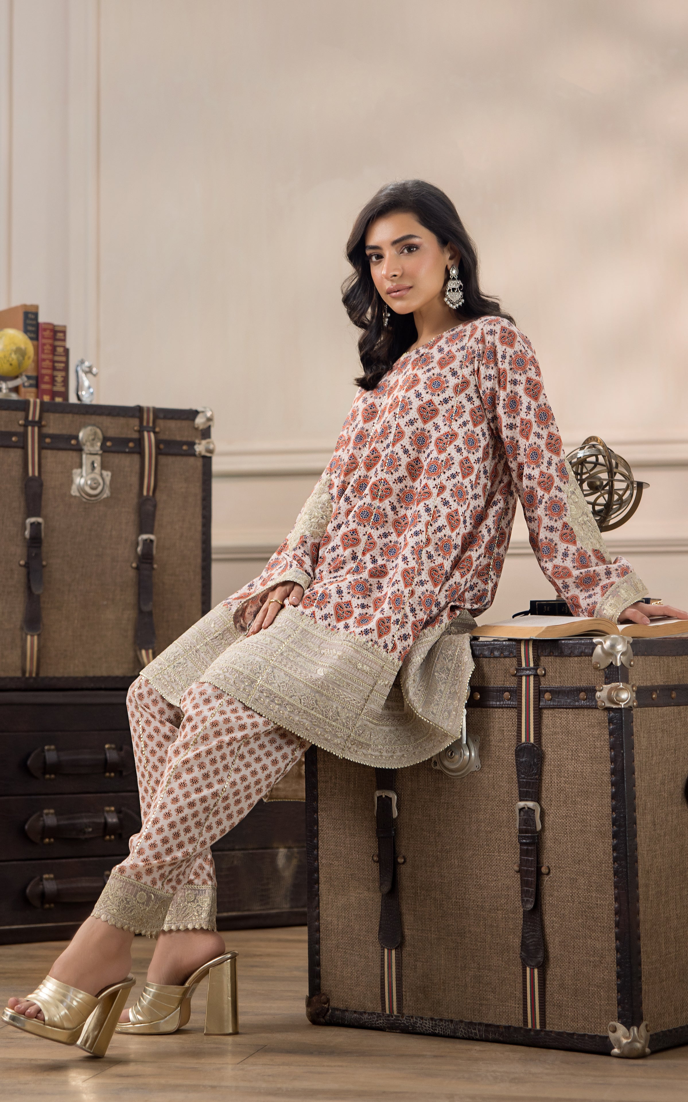 Ivory Rust Zari Embroidered Viscose Silk Frock (2-Piece) - Image 6