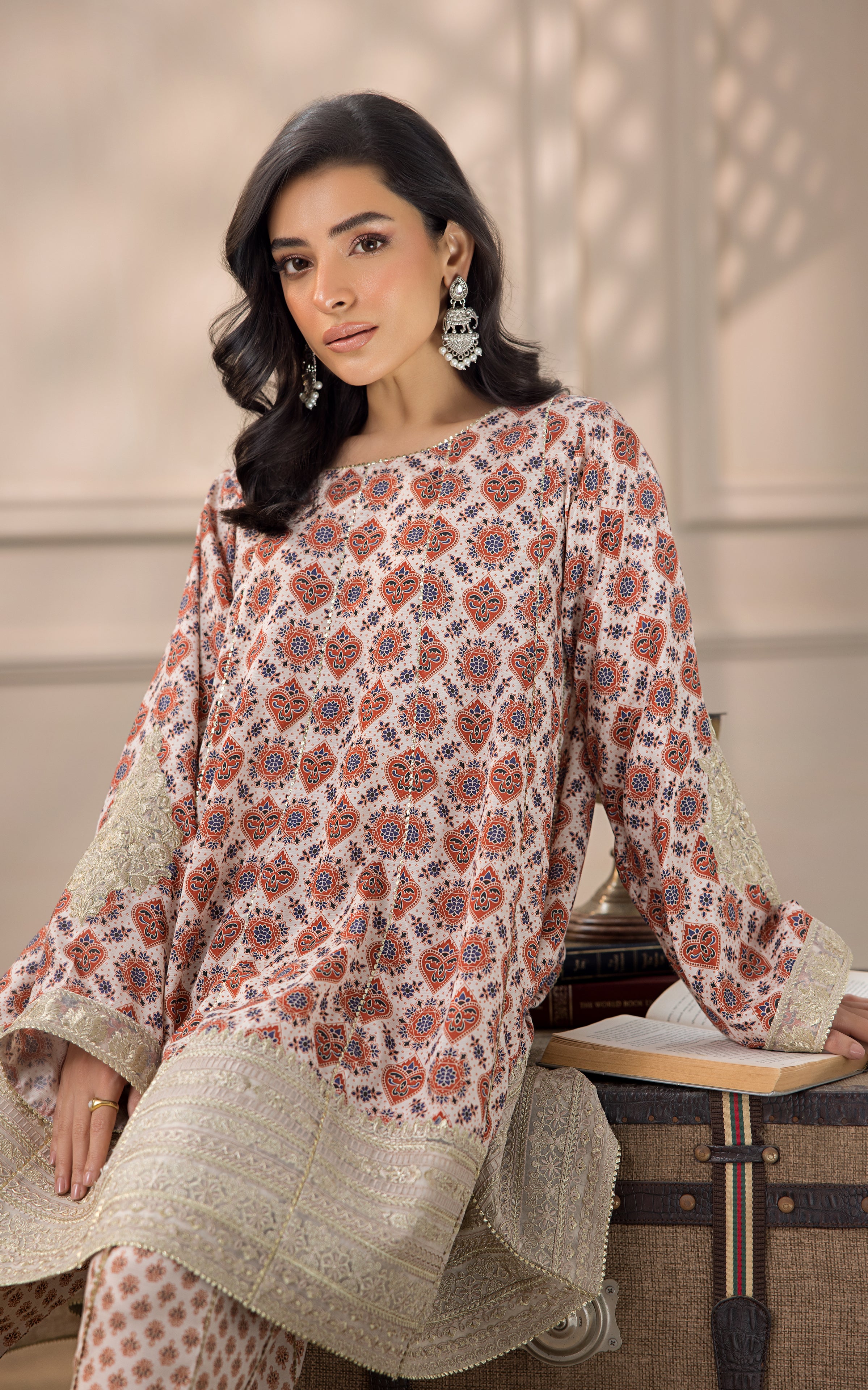 Ivory Rust Zari Embroidered Viscose Silk Frock (2-Piece) - Image 8