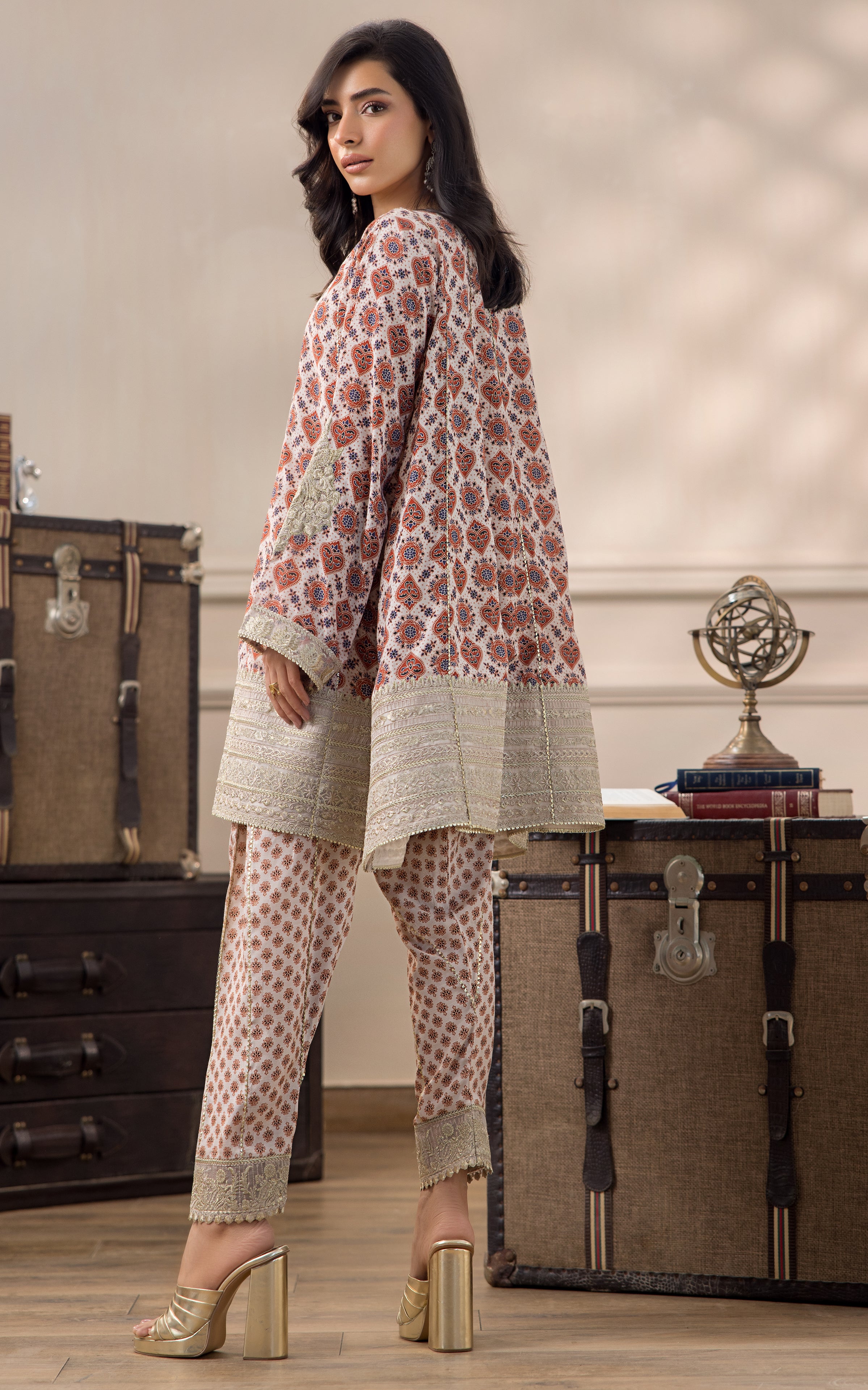 Ivory Rust Zari Embroidered Viscose Silk Frock (2-Piece) - Image 9