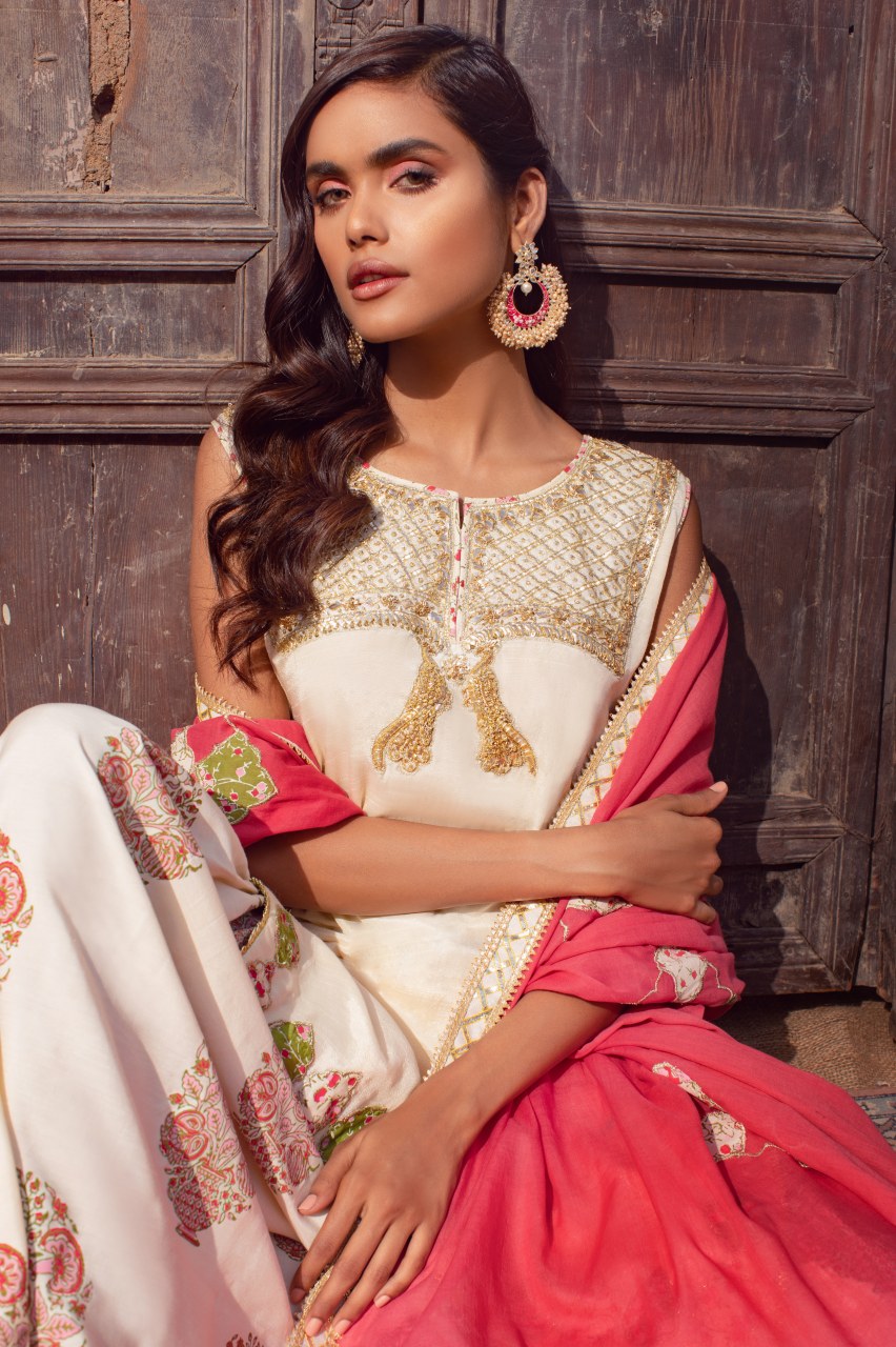 Off-White Gota Work Cotton-Silk Gharara (3-Piece) - Image 4