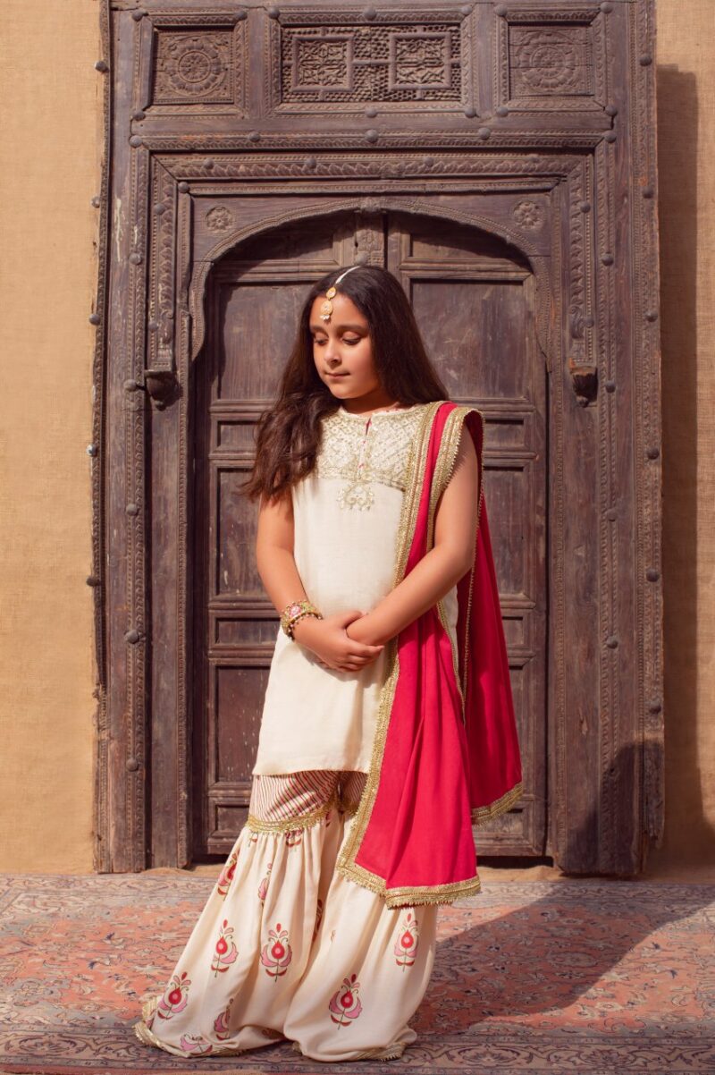 Pakistani Off-White Gotaa Work Cotton Silk Gharara (3-Piece) - Image 1