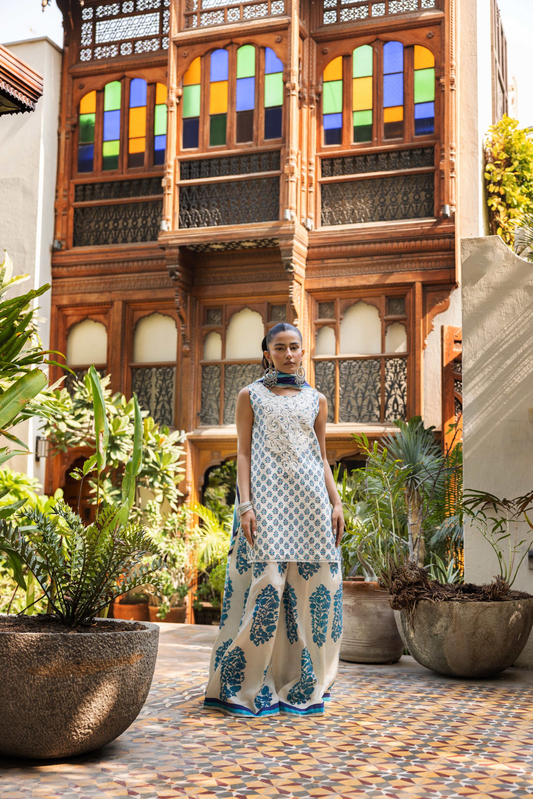 Pakistani Off-White Block Printed Korean Silk Gharara (3-Piece) - Image 1