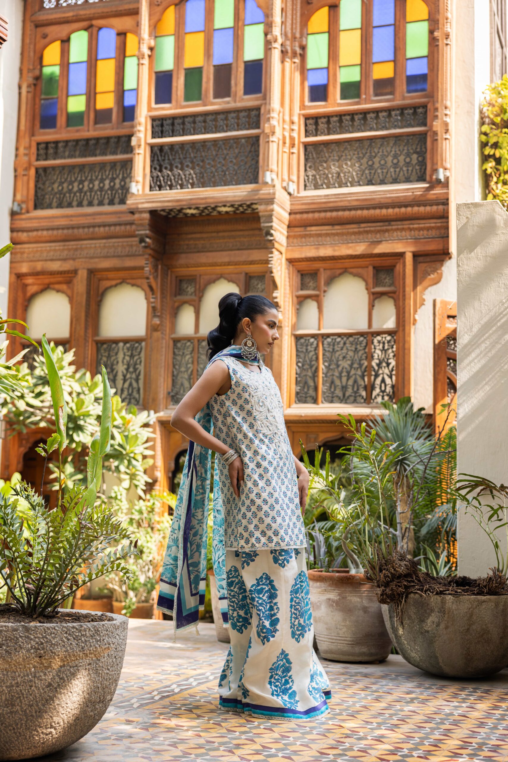 Pakistani Off-White Block Printed Korean Silk Gharara (3-Piece) - Image 2