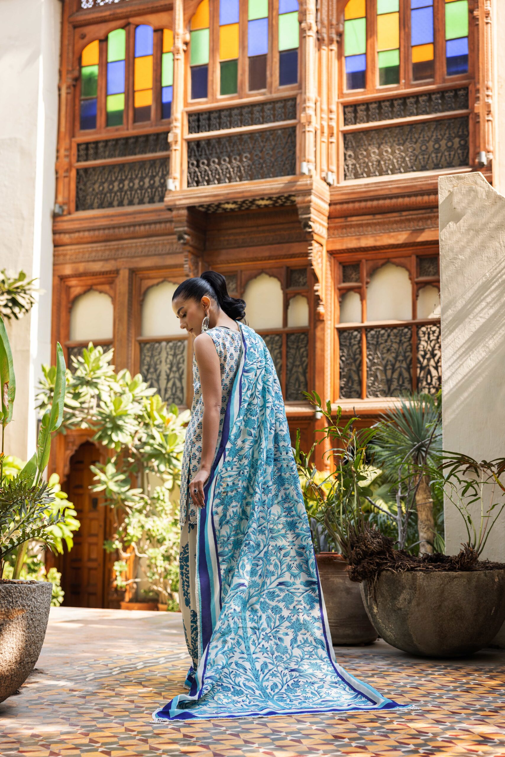 Pakistani Off-White Block Printed Korean Silk Gharara (3-Piece) - Image 3