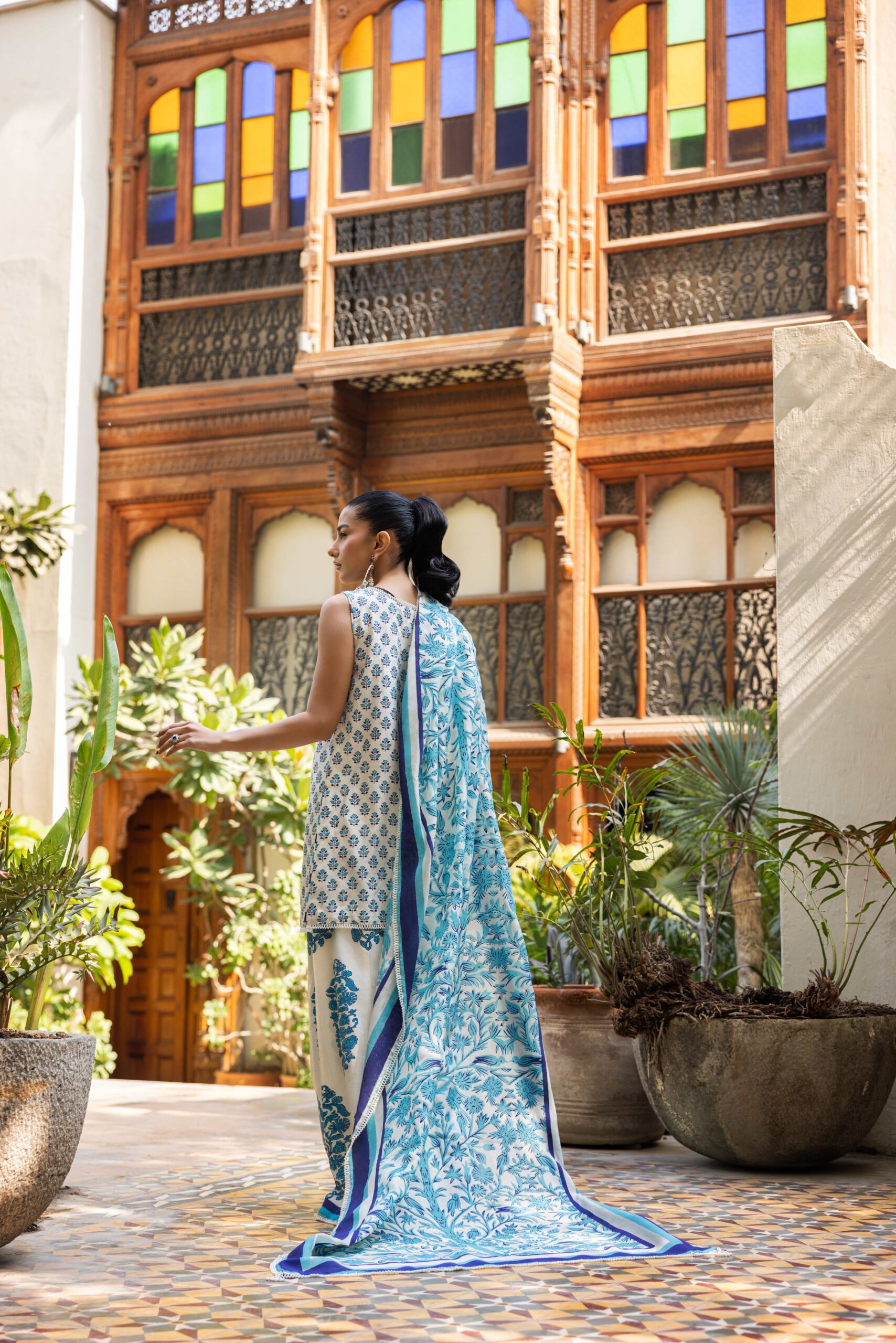 Pakistani Off-White Block Printed Korean Silk Gharara (3-Piece) - Image 4