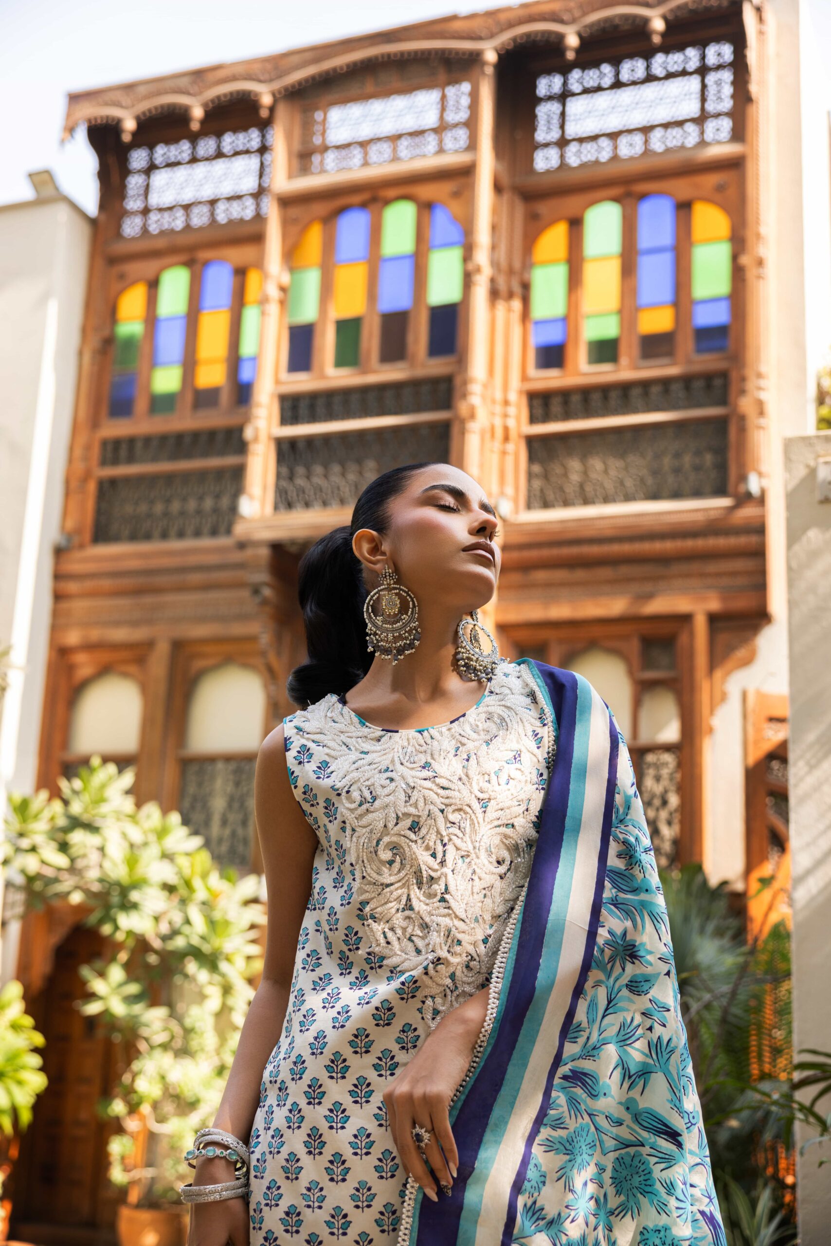 Pakistani Off-White Block Printed Korean Silk Gharara (3-Piece) - Image 5