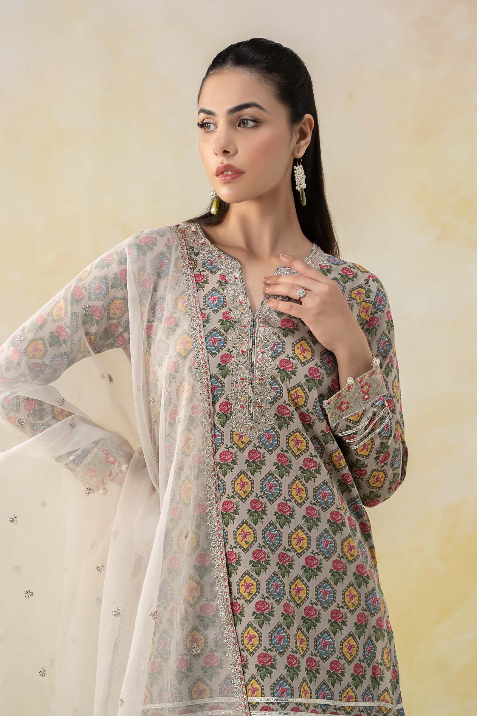 Pakistani Off White Embroidered Lawn Short Shirt & Cambric Gharara (3-Piece) - Image 2