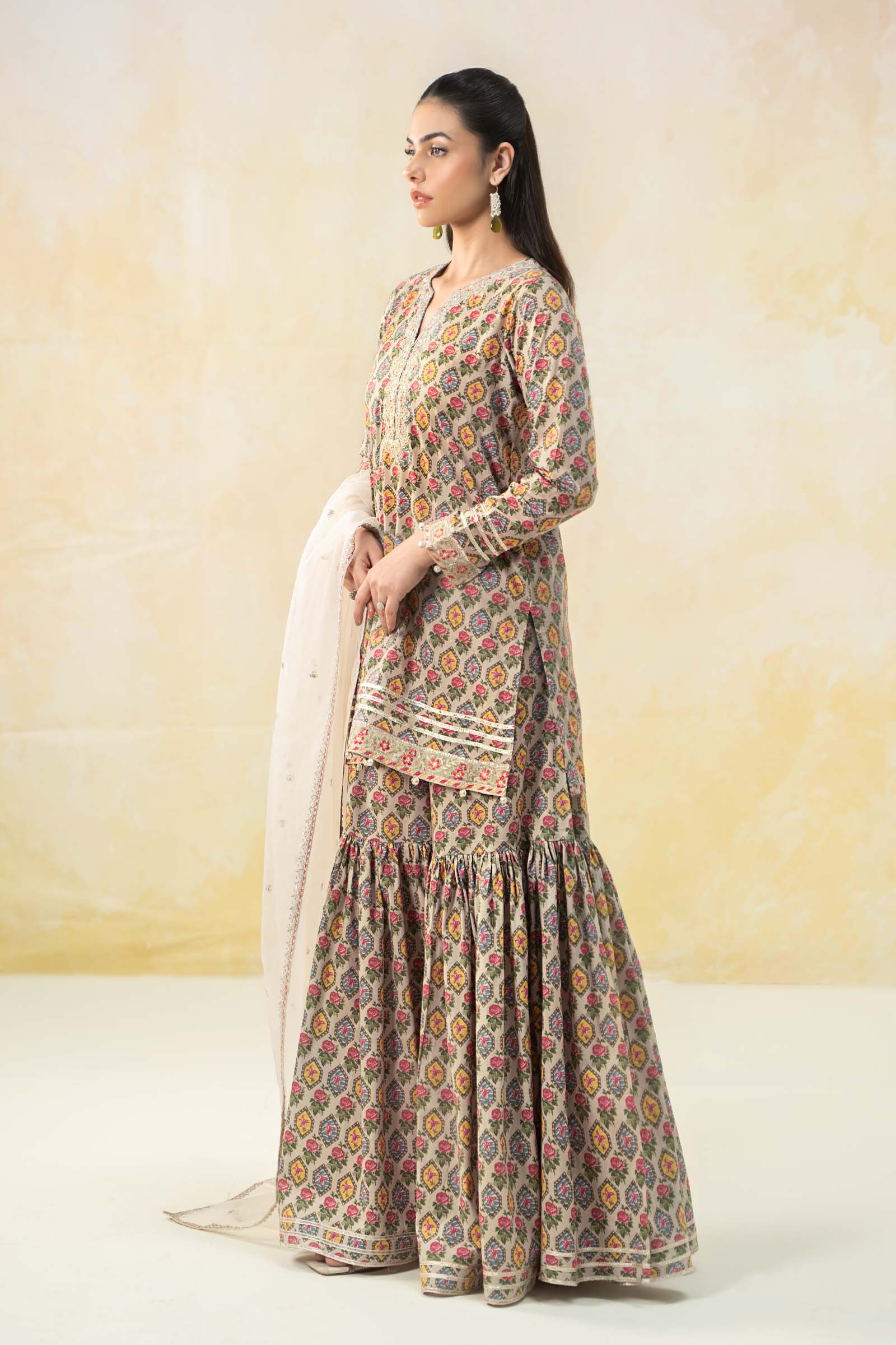 Pakistani Off White Embroidered Lawn Short Shirt & Cambric Gharara (3-Piece) - Image 3