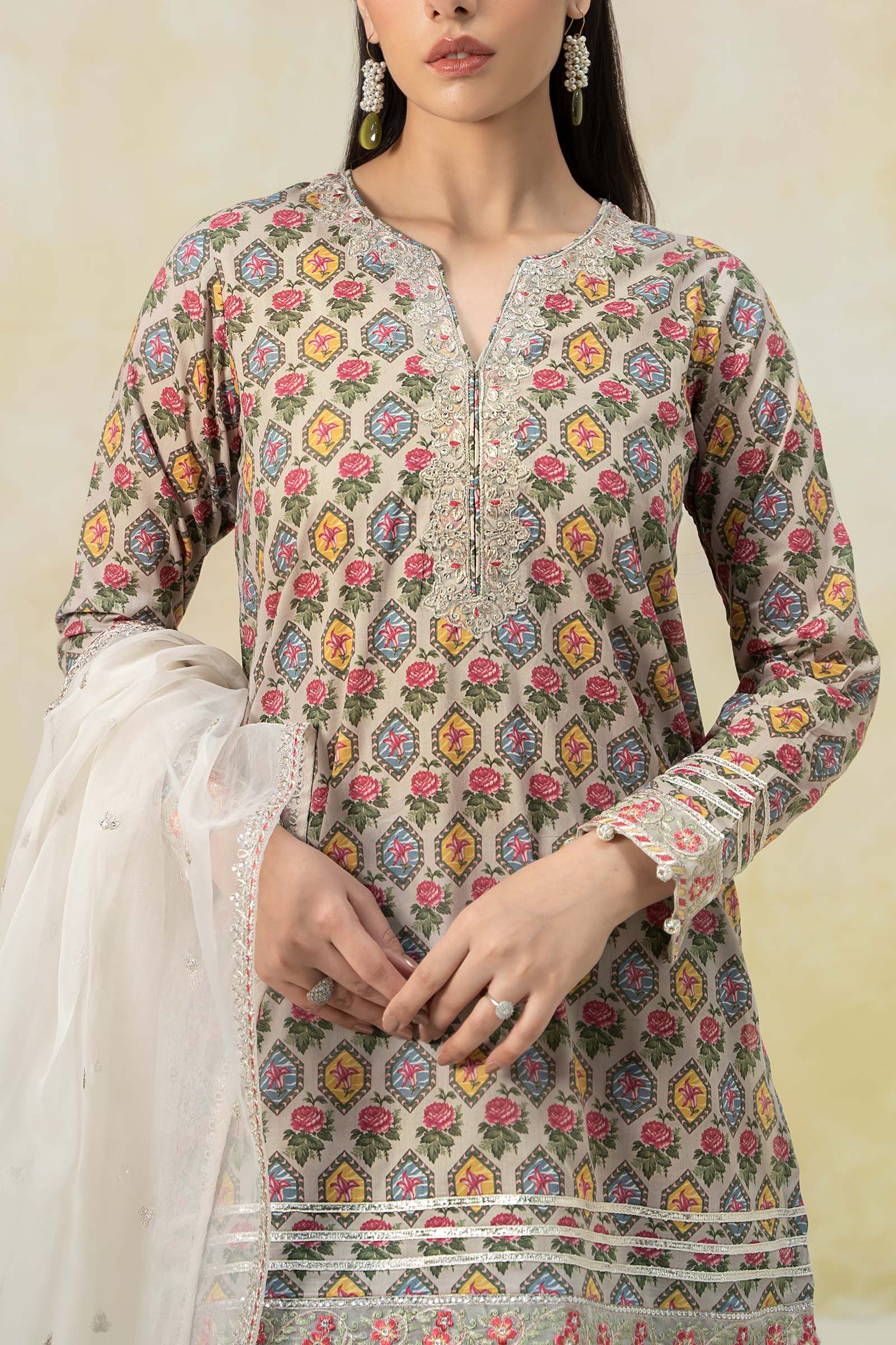 Pakistani Off White Embroidered Lawn Short Shirt & Cambric Gharara (3-Piece) - Image 4