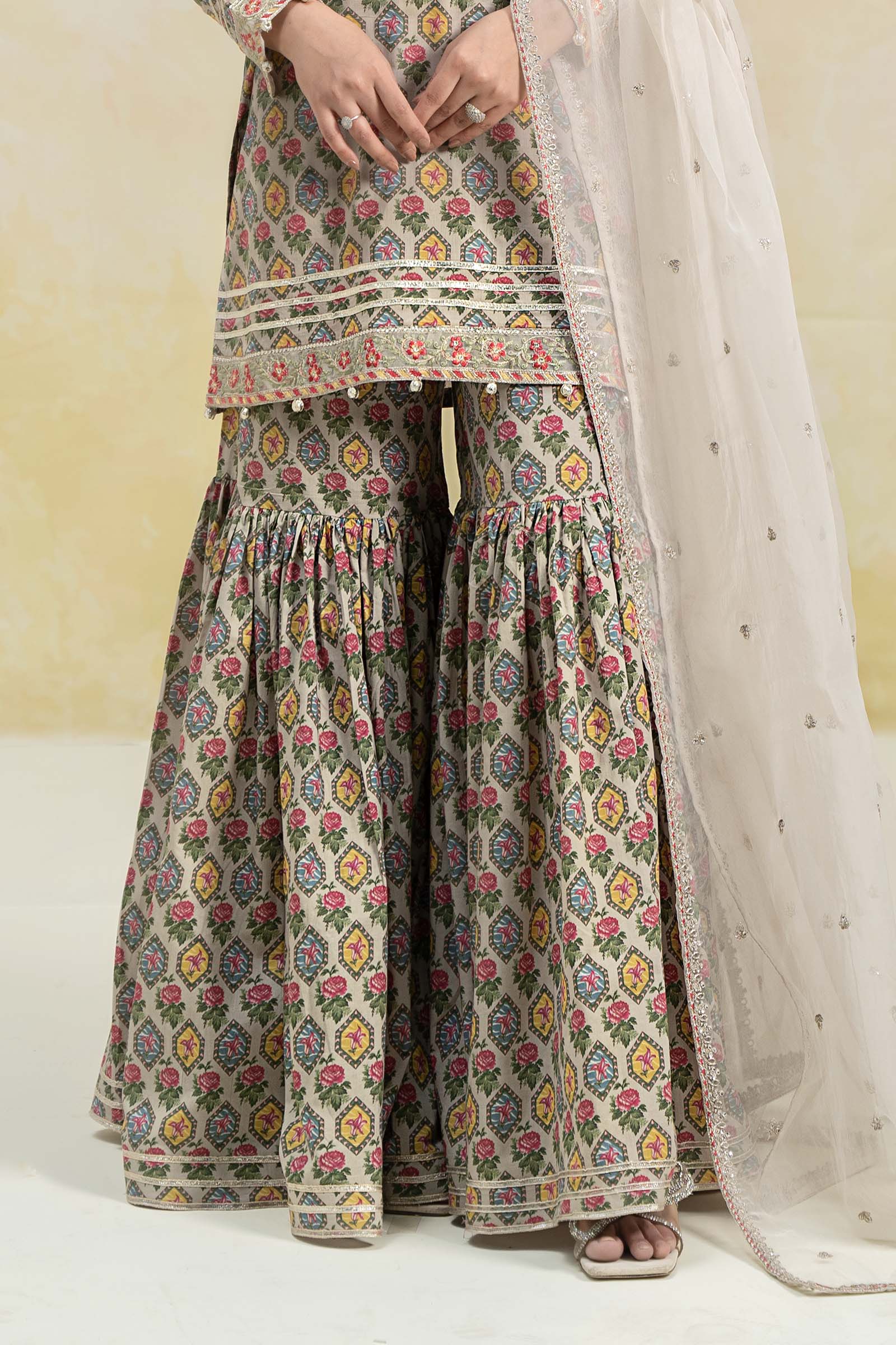 Pakistani Off White Embroidered Lawn Short Shirt & Cambric Gharara (3-Piece) - Image 5