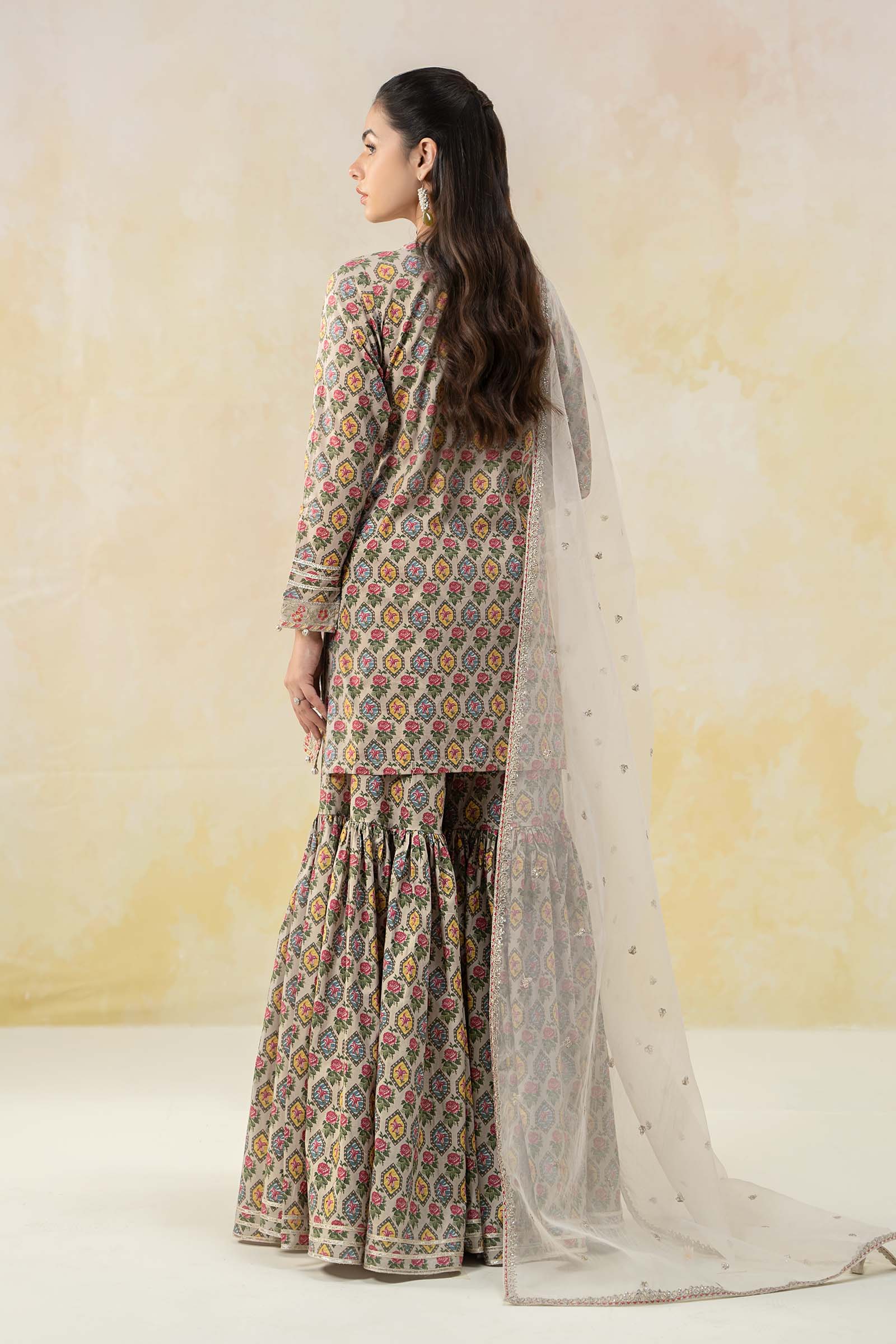 Pakistani Off White Embroidered Lawn Short Shirt & Cambric Gharara (3-Piece) - Image 6