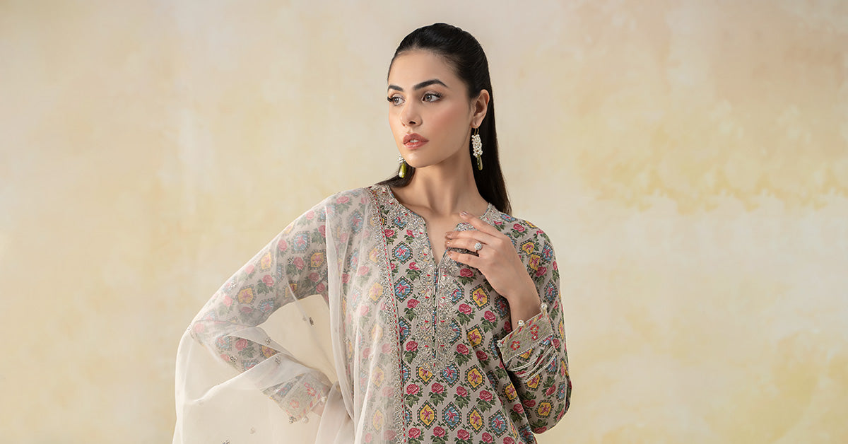 Pakistani Off White Embroidered Lawn Short Shirt & Cambric Gharara (3-Piece) - Image 7