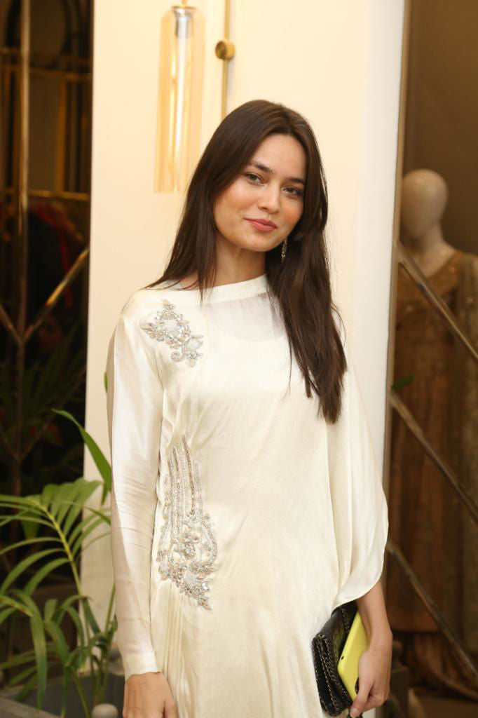 Pakistani Ivory Hand-Embellished Silk Gown (1-Pc) - Image 2