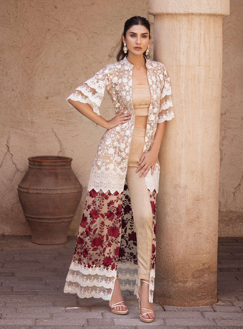 Pakistani Ivory Floral Embroidered Jacquard Long Jacket (3-Piece) - Image 1