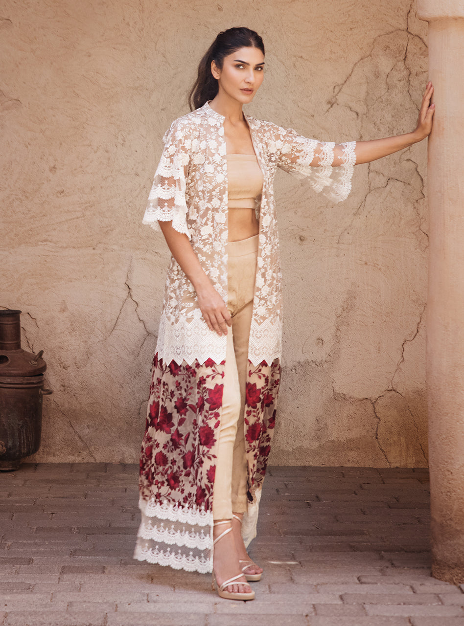 Pakistani Ivory Floral Embroidered Jacquard Long Jacket (3-Piece) - Image 2