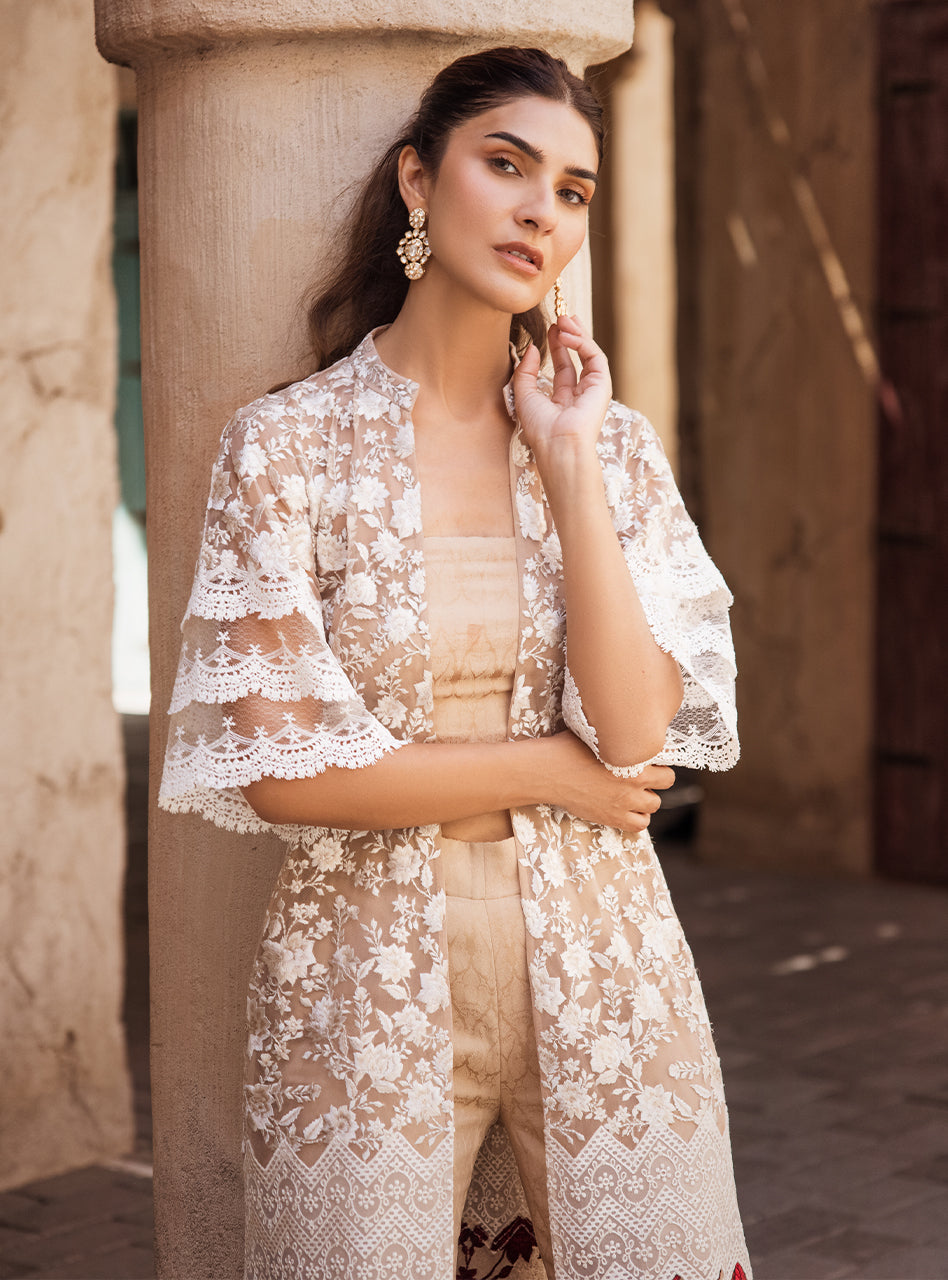 Pakistani Ivory Floral Embroidered Jacquard Long Jacket (3-Piece) - Image 4
