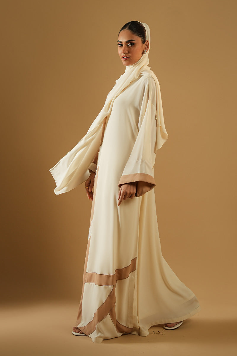 Pakistani Ivory Beige Colour-Block Blended Fabric Abaya (2-Piece) - Image 2
