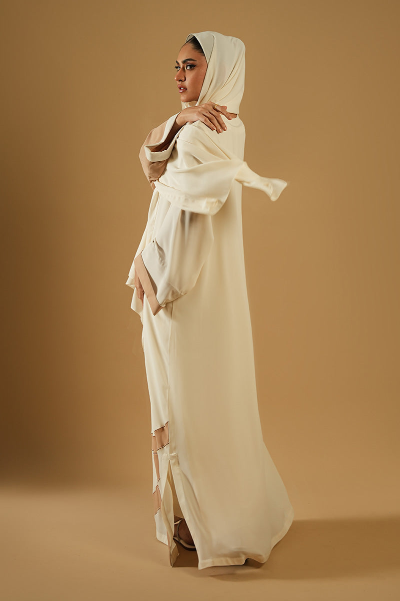 Pakistani Ivory Beige Colour-Block Blended Fabric Abaya (2-Piece) - Image 3