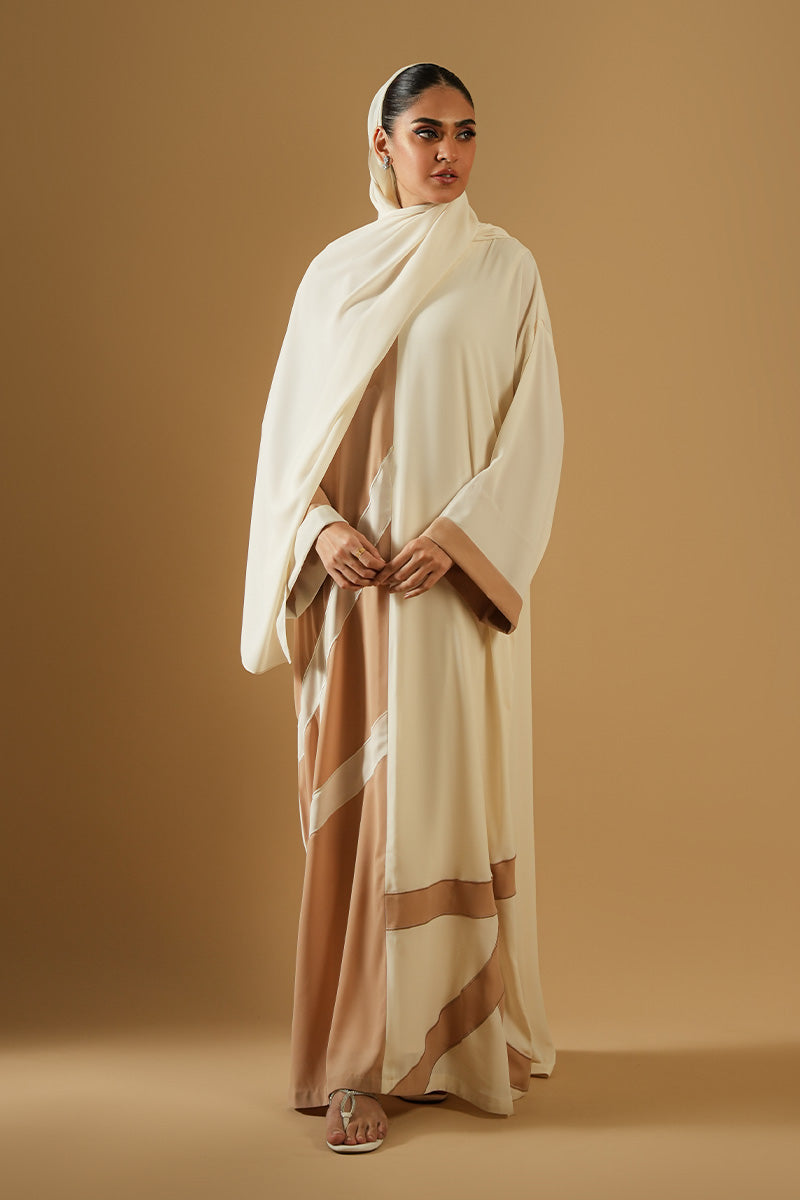 Ivory Beige Colour-Blocked Blended Fabric Abaya (2-Piece) - Image 1