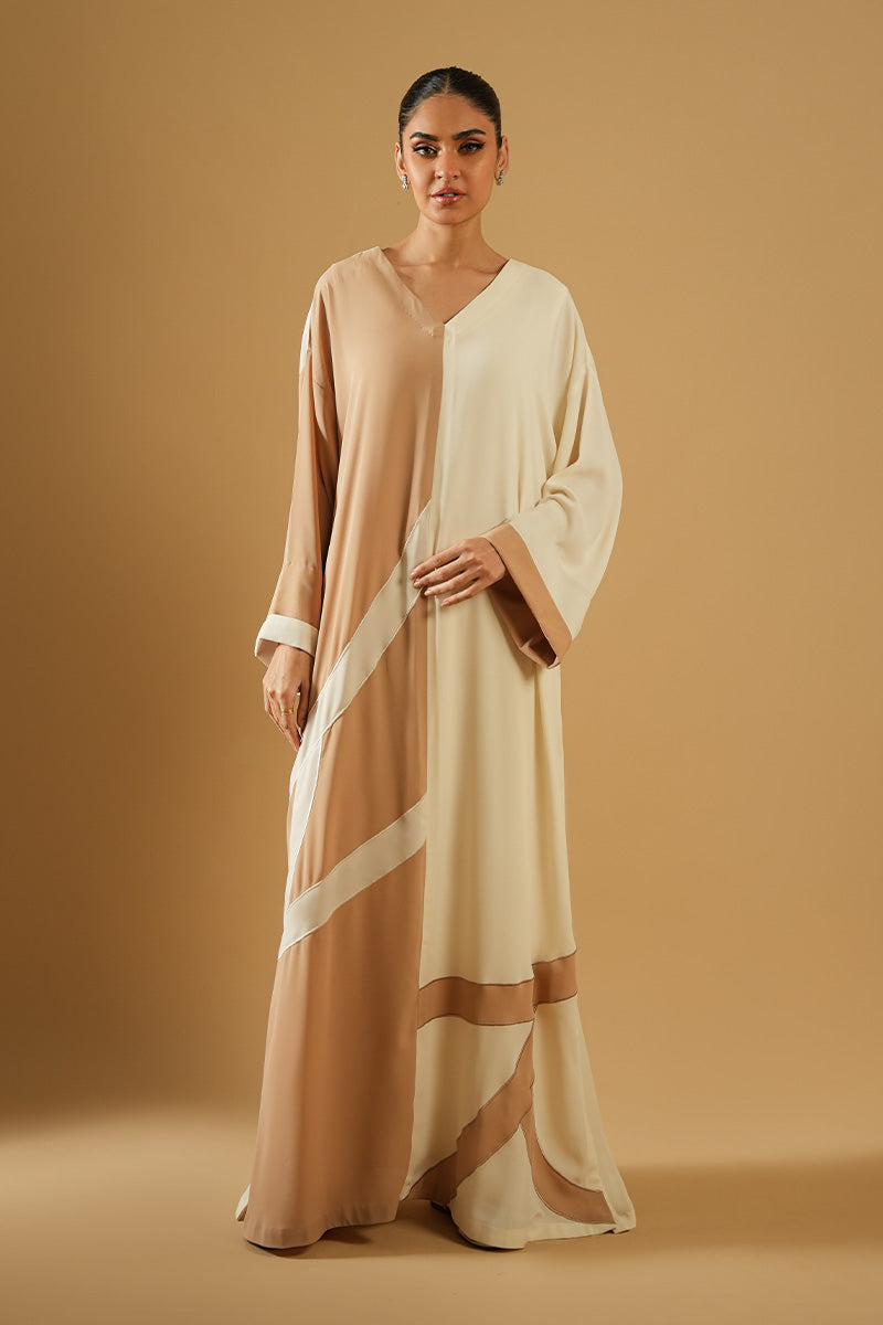 Ivory Beige Colour-Blocked Blended Fabric Abaya (2-Piece) - Image 4