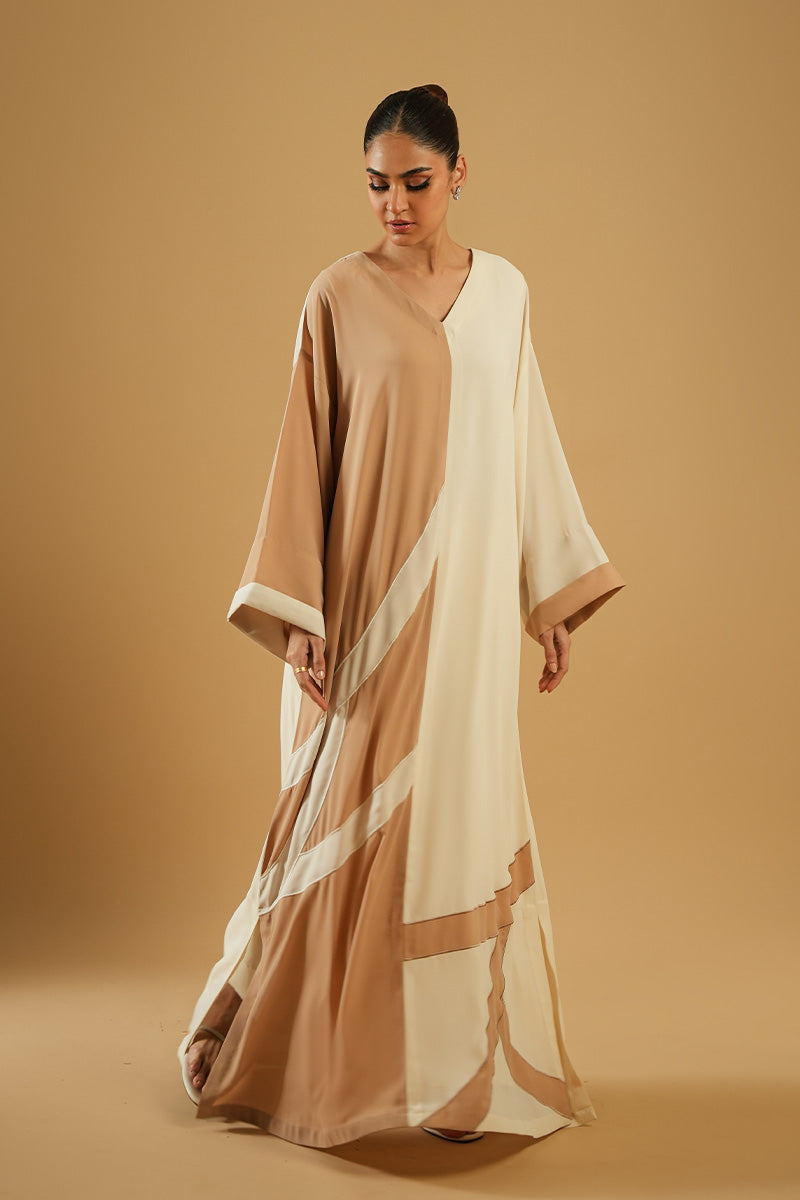 Ivory Beige Colour-Blocked Blended Fabric Abaya (2-Piece) - Image 6
