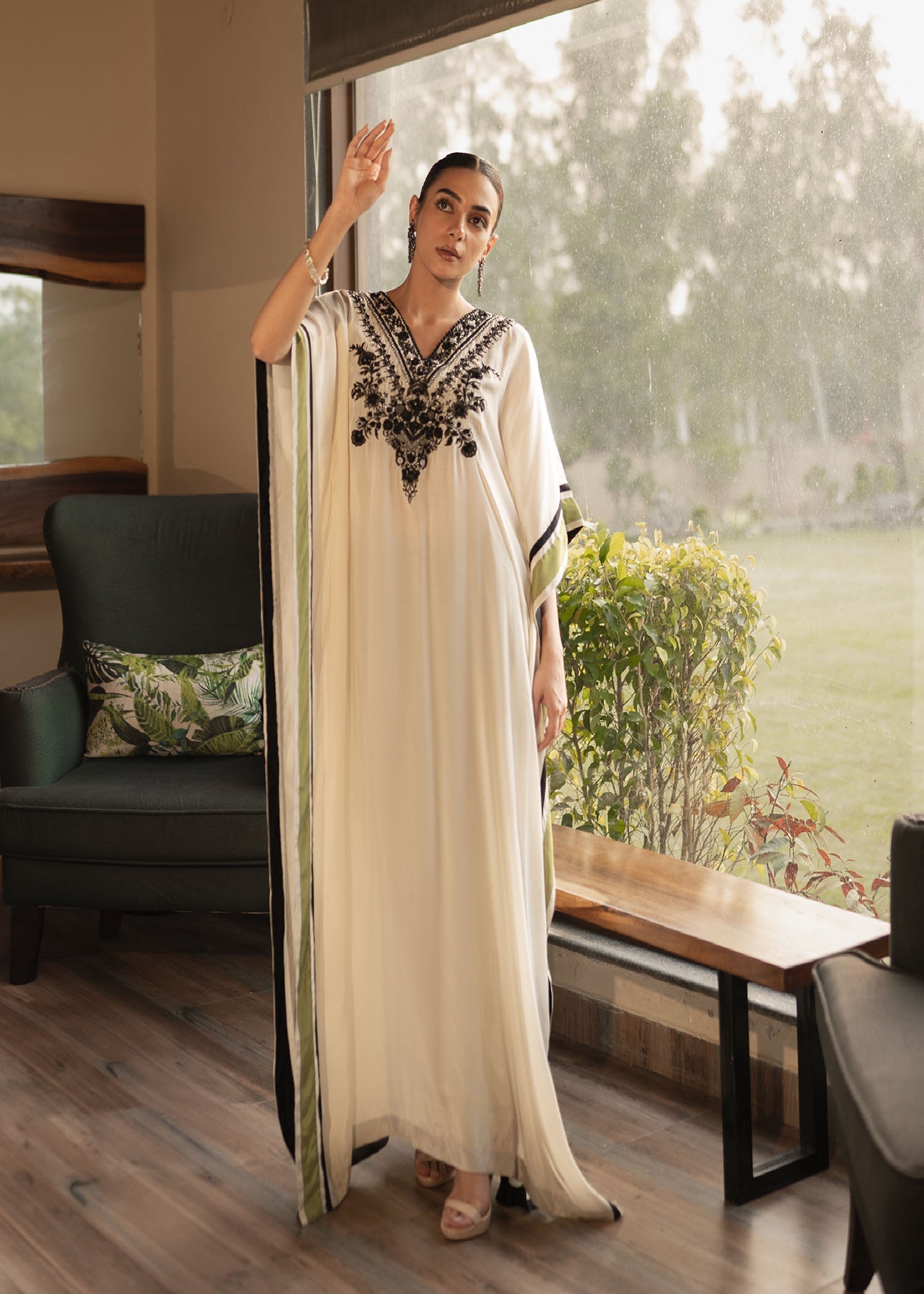 Pakistani Ivory Embellished Blended Silk Kaftan (1-Pc) - Image 1