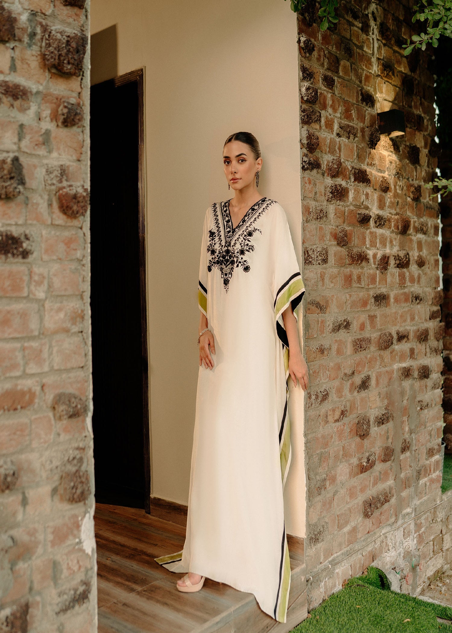 Pakistani Ivory Embellished Blended Silk Kaftan (1-Pc) - Image 2