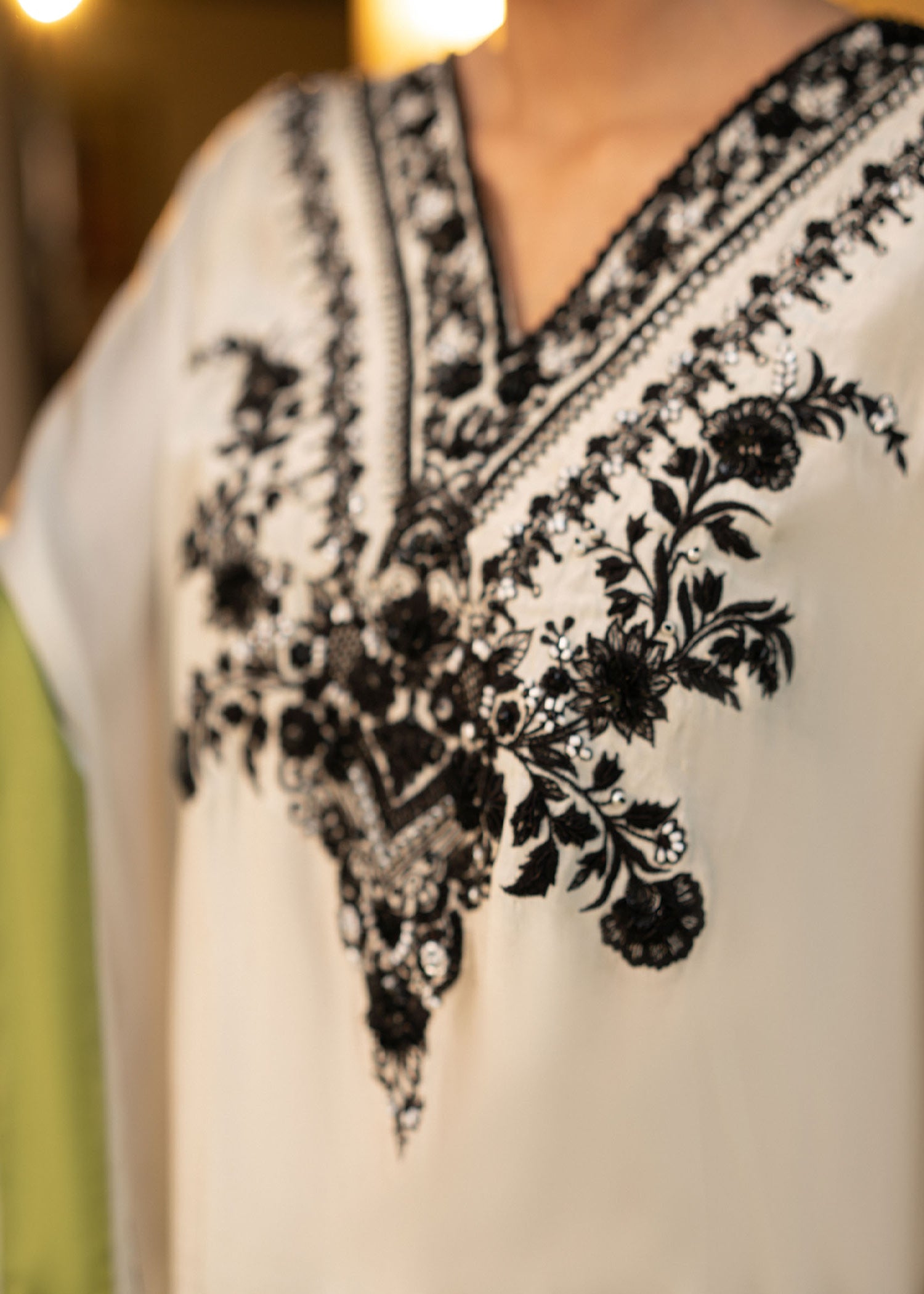 Pakistani Ivory Embellished Blended Silk Kaftan (1-Pc) - Image 3