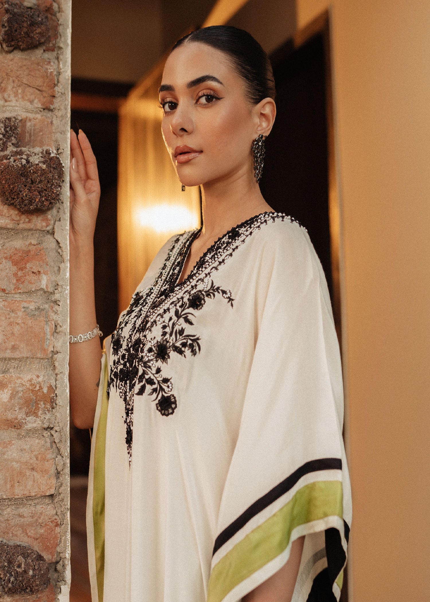 Pakistani Ivory Embellished Blended Silk Kaftan (1-Pc) - Image 4