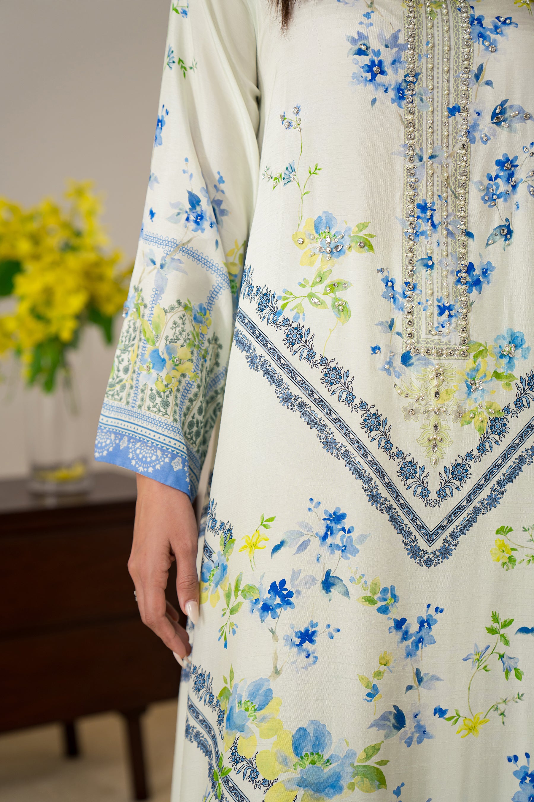 Ivory Floral Embellished Silk Kaftan Set (2-Piece) - Image 5