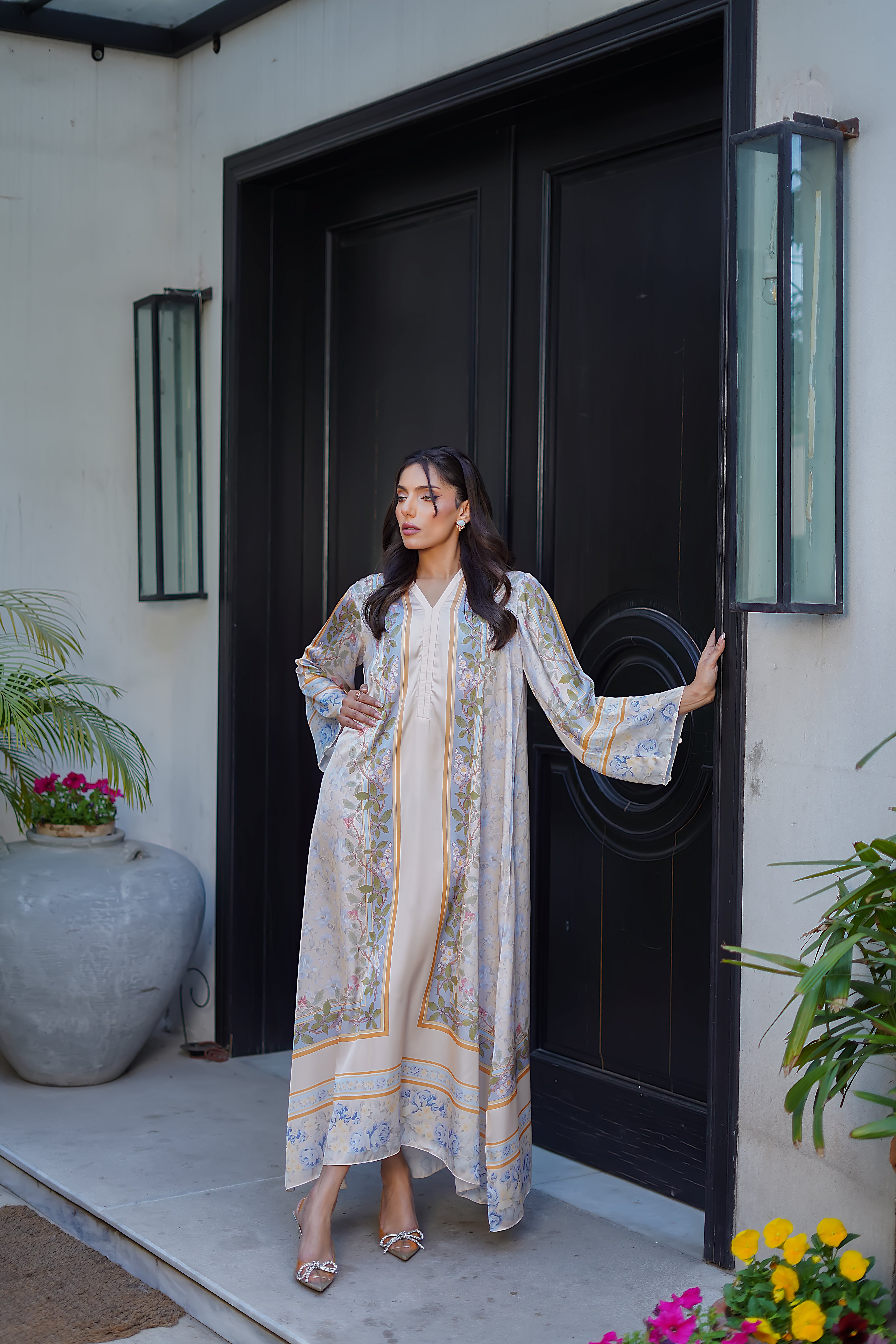Pastel Ivory Printed Charmeuse Silk Kaftan (2-Piece) - Image 2
