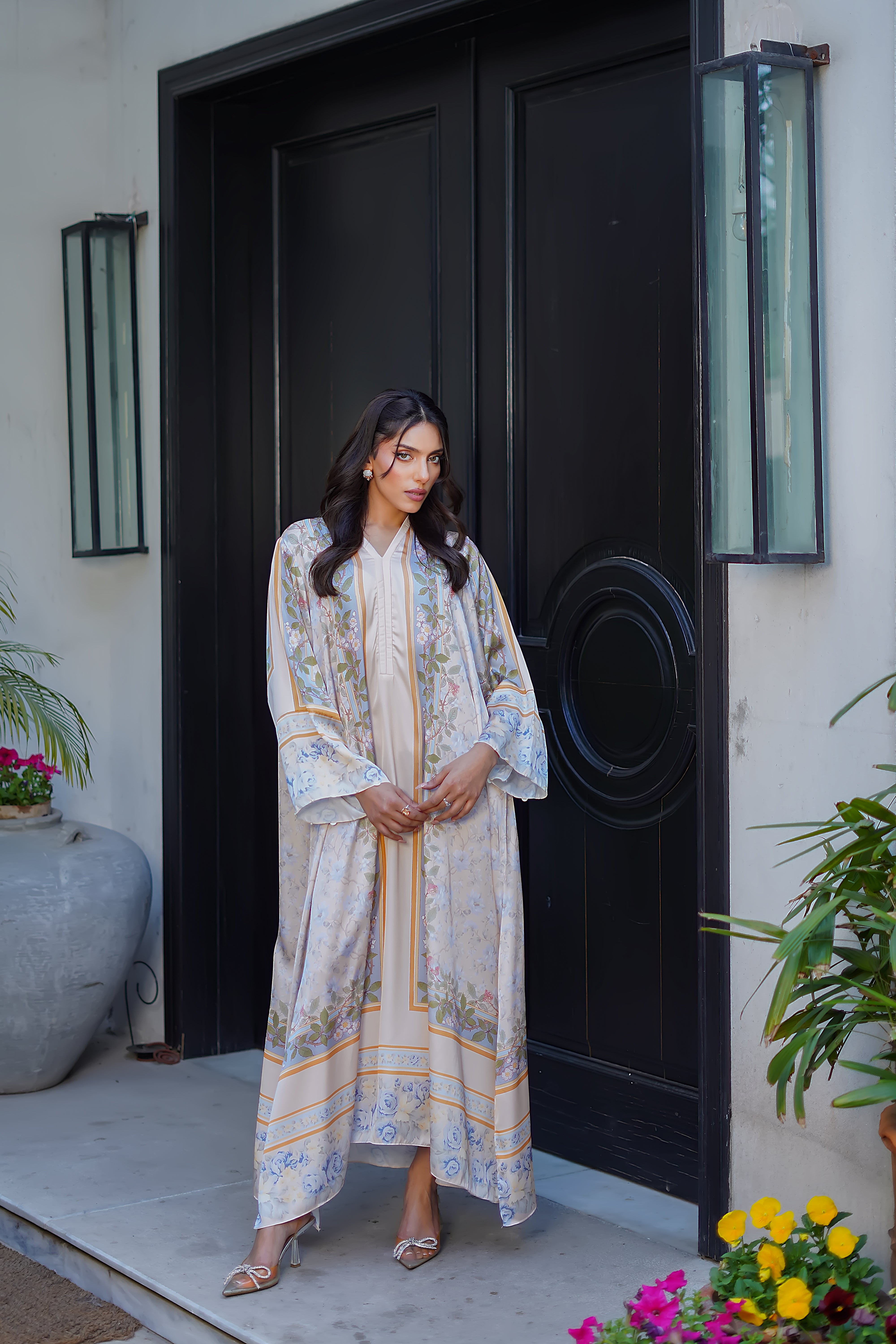 Pastel Ivory Printed Charmeuse Silk Kaftan (2-Piece) - Image 3