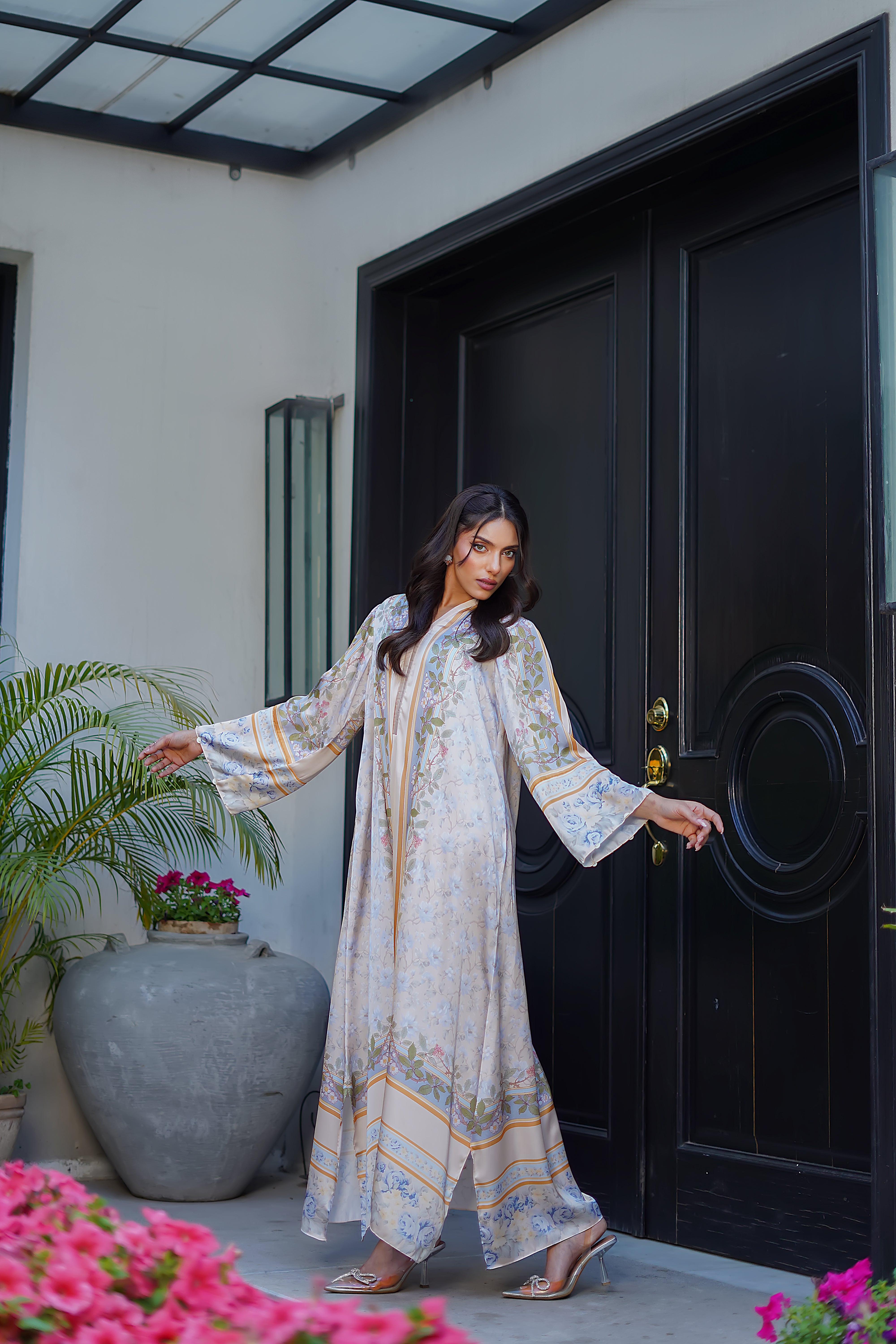 Pastel Ivory Printed Charmeuse Silk Kaftan (2-Piece) - Image 4