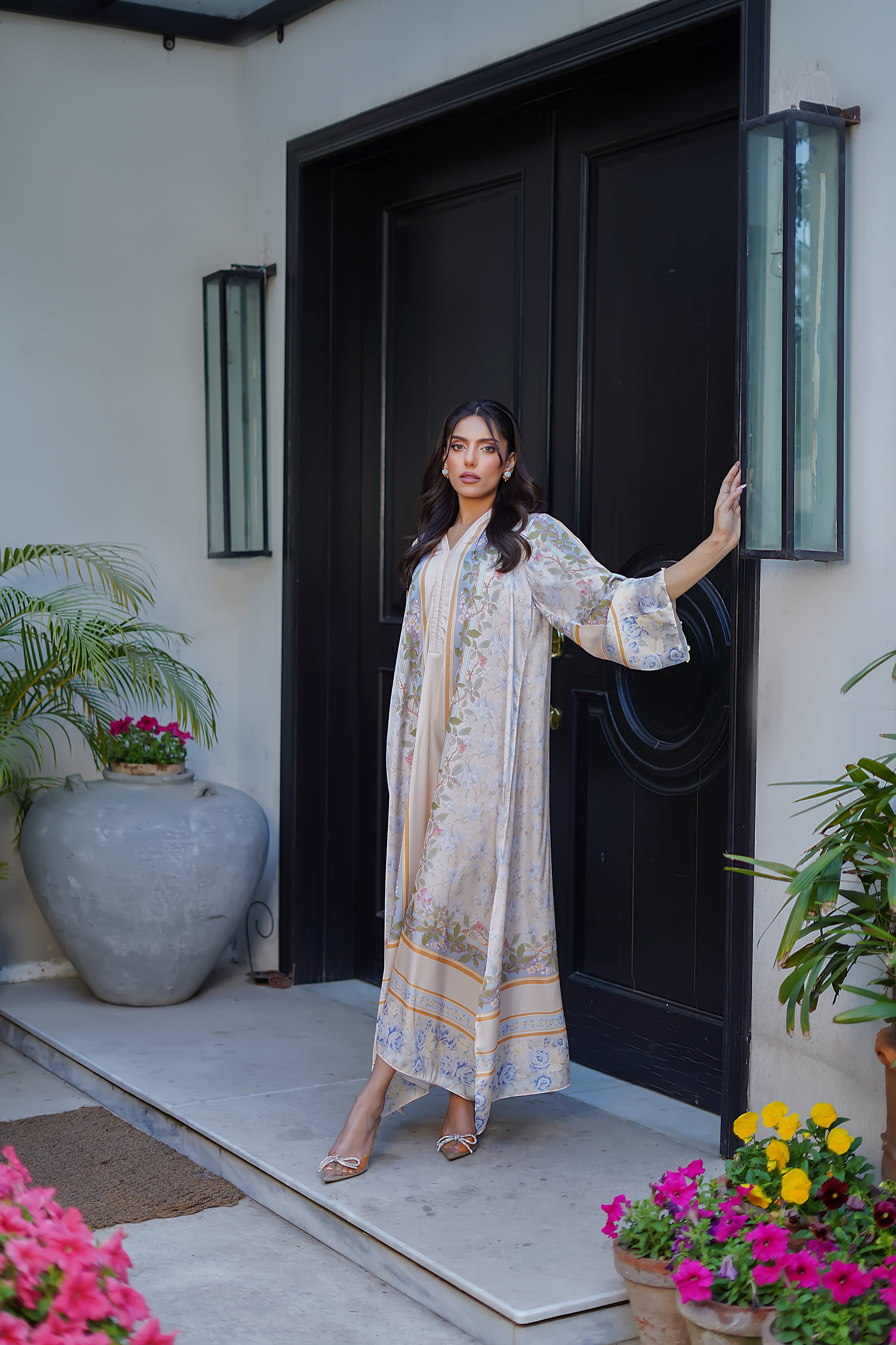 Pastel Ivory Printed Charmeuse Silk Kaftan (2-Piece) - Image 5