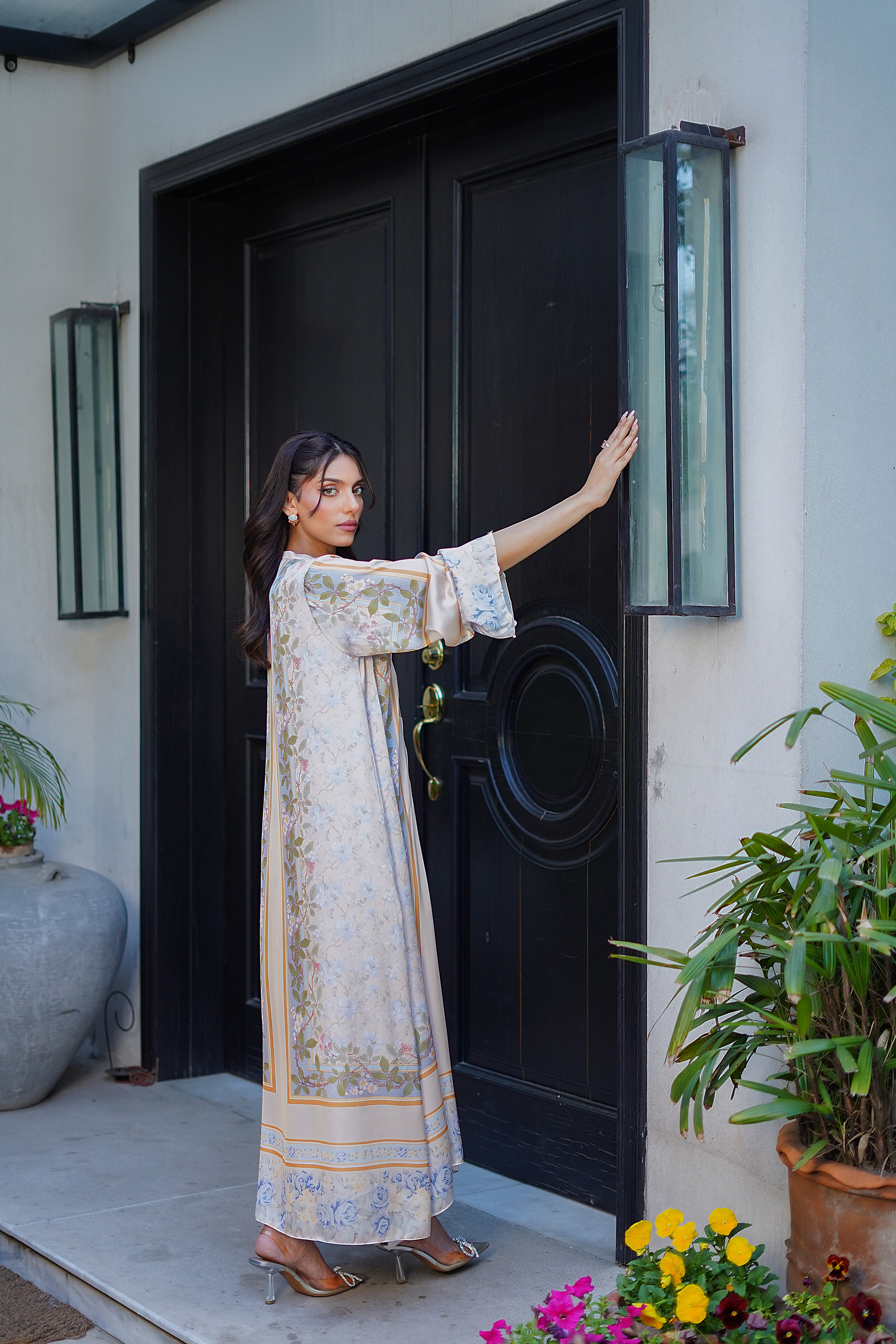 Pastel Ivory Printed Charmeuse Silk Kaftan (2-Piece) - Image 6