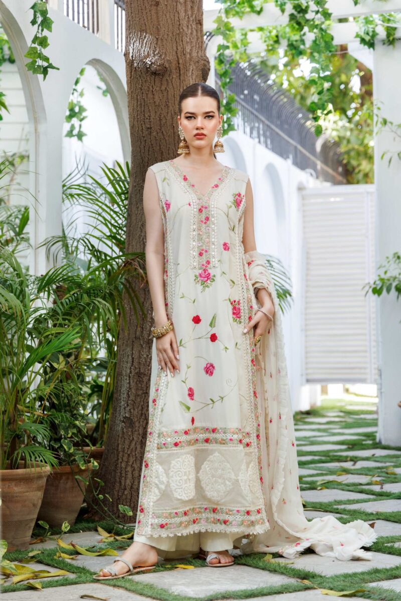 Pakistani Off-White Cross-Stitch Chiffon Kaftan (3-Piece) - Image 1